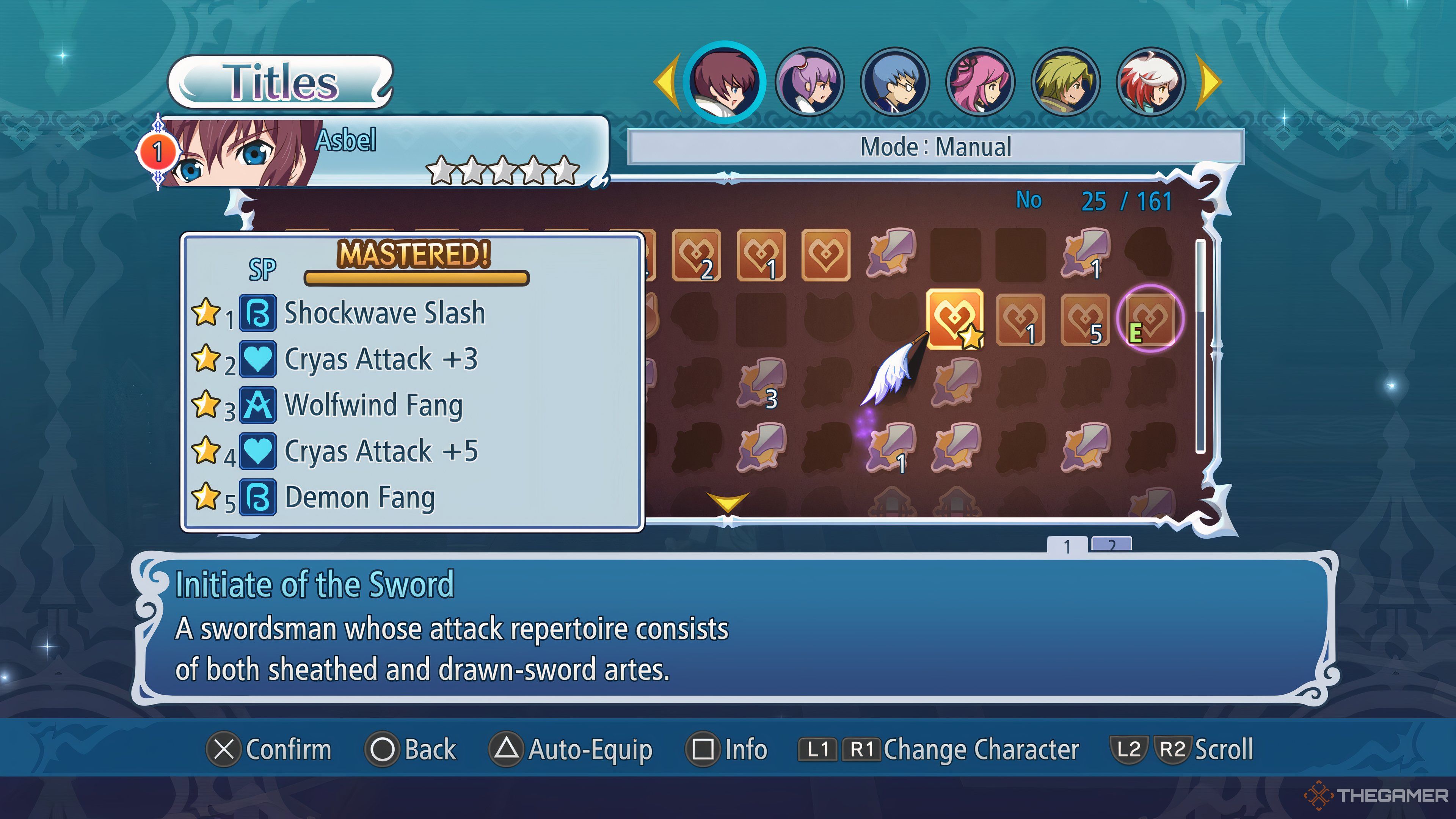 Title Menu for Asbel showing multiple obtained titles and focusing on a mastered Initiate of the Sword Tales Of Graces F Remastered.