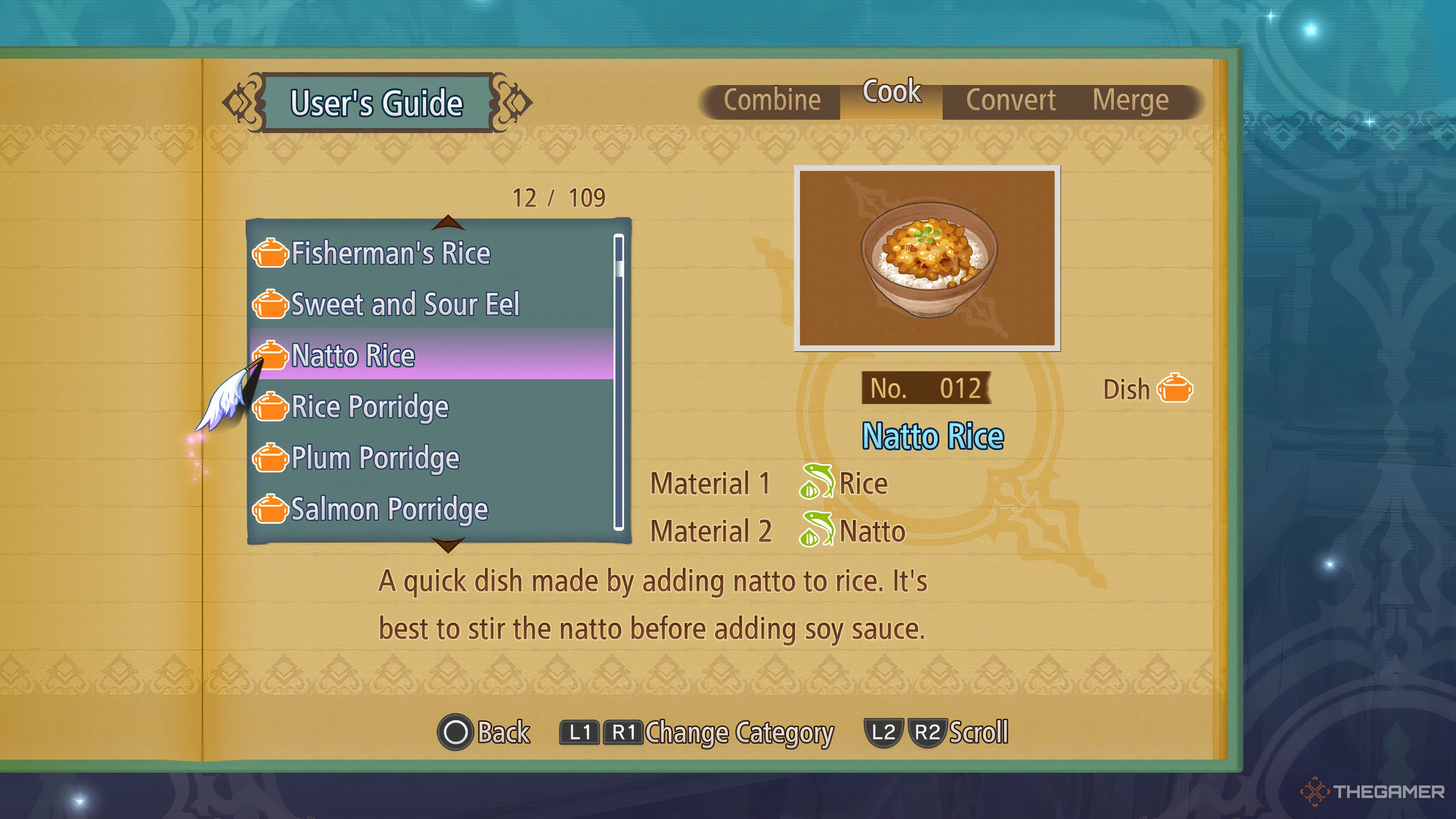 Menu in the User&rsquo;s Guide showing all the Cook recipes and focusing on Natto Rice in Tales Of Graces F Remastered.