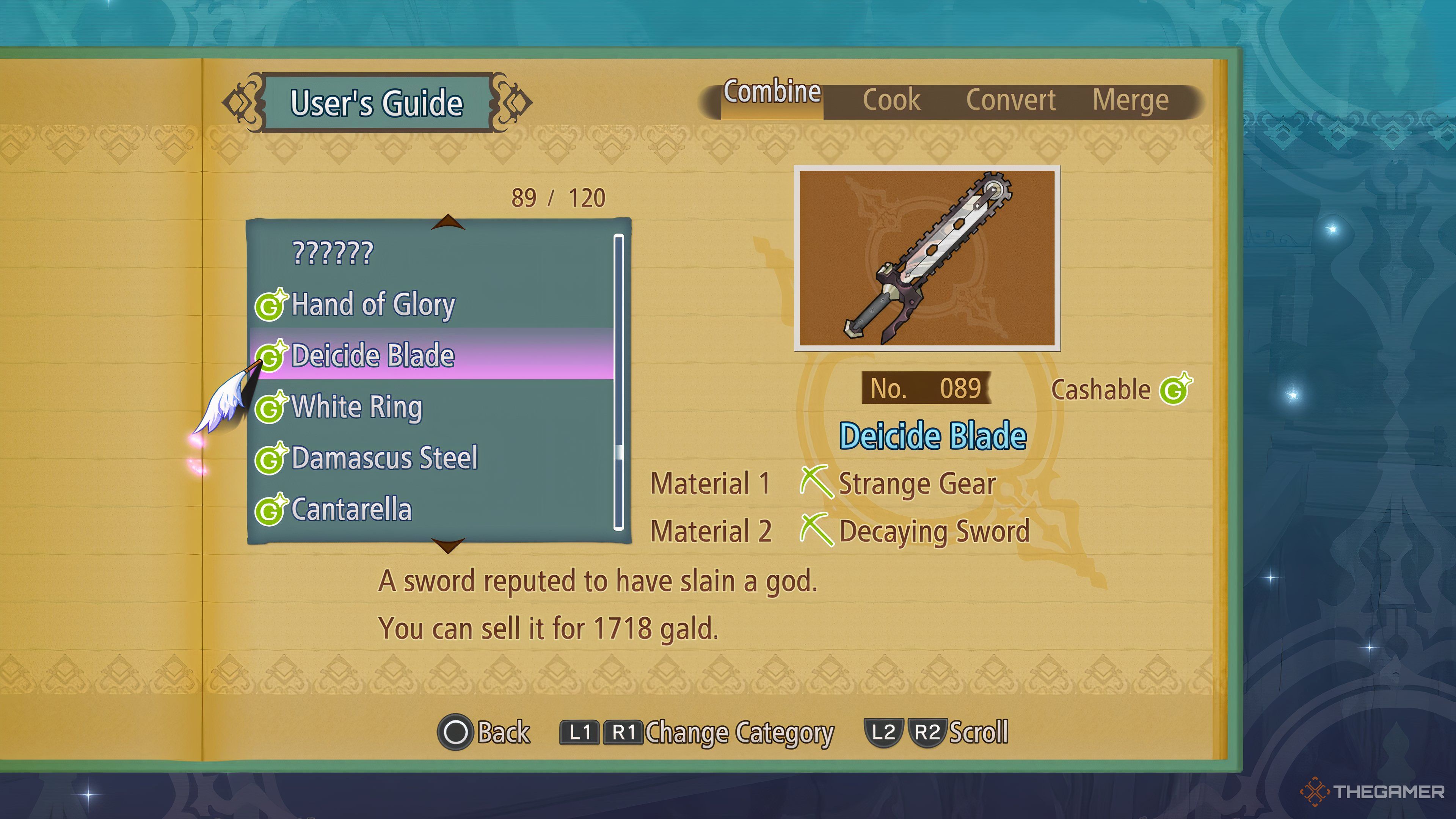 Menu page in the User&rsquo;s Guide of the list of Combine recipes and focusing on the recipe for a Deicide Blade in Tales Of Graces F Remastered.