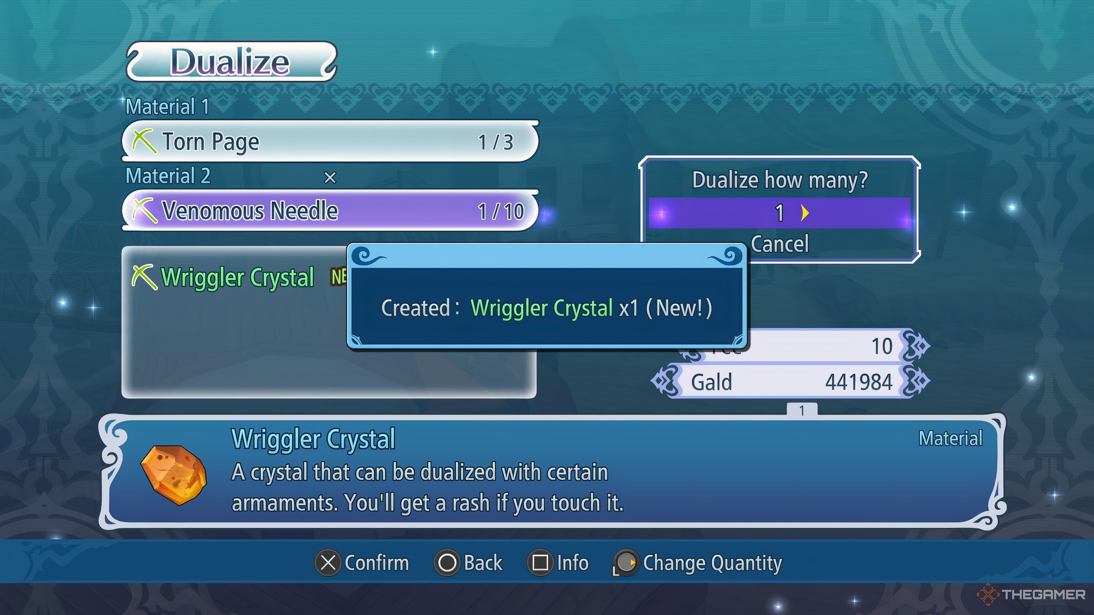 Menu for Dualizing showing a Torn Page and Venomous Needle being combined into a Wriggler Crystal in Tales Of Graces F Remastered.