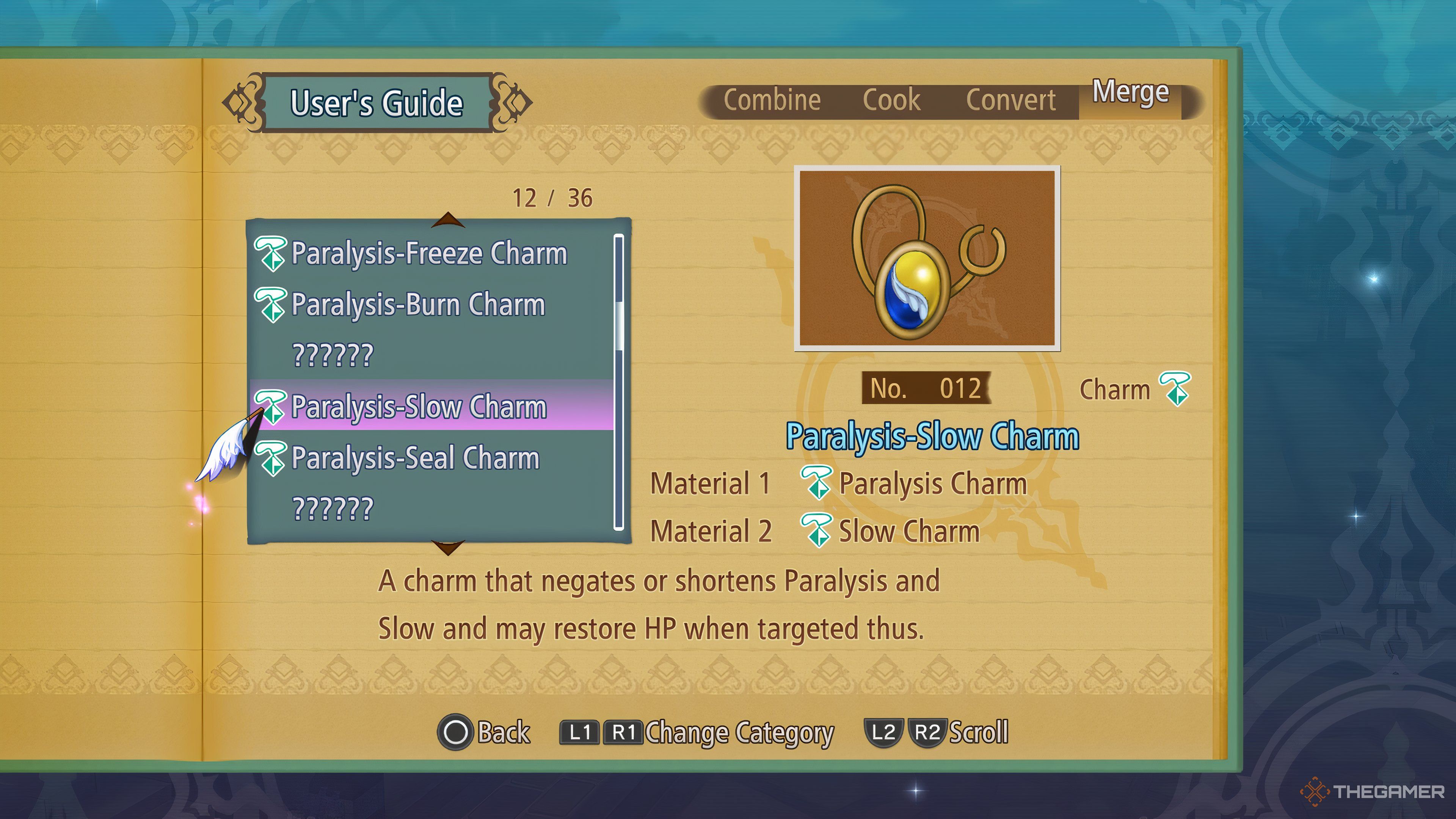 Menu for the User&rsquo;s Guide showing the Merge recipe list and focusing on the Paralysis-Slow Charm in Tales Of Graces F Remastered.