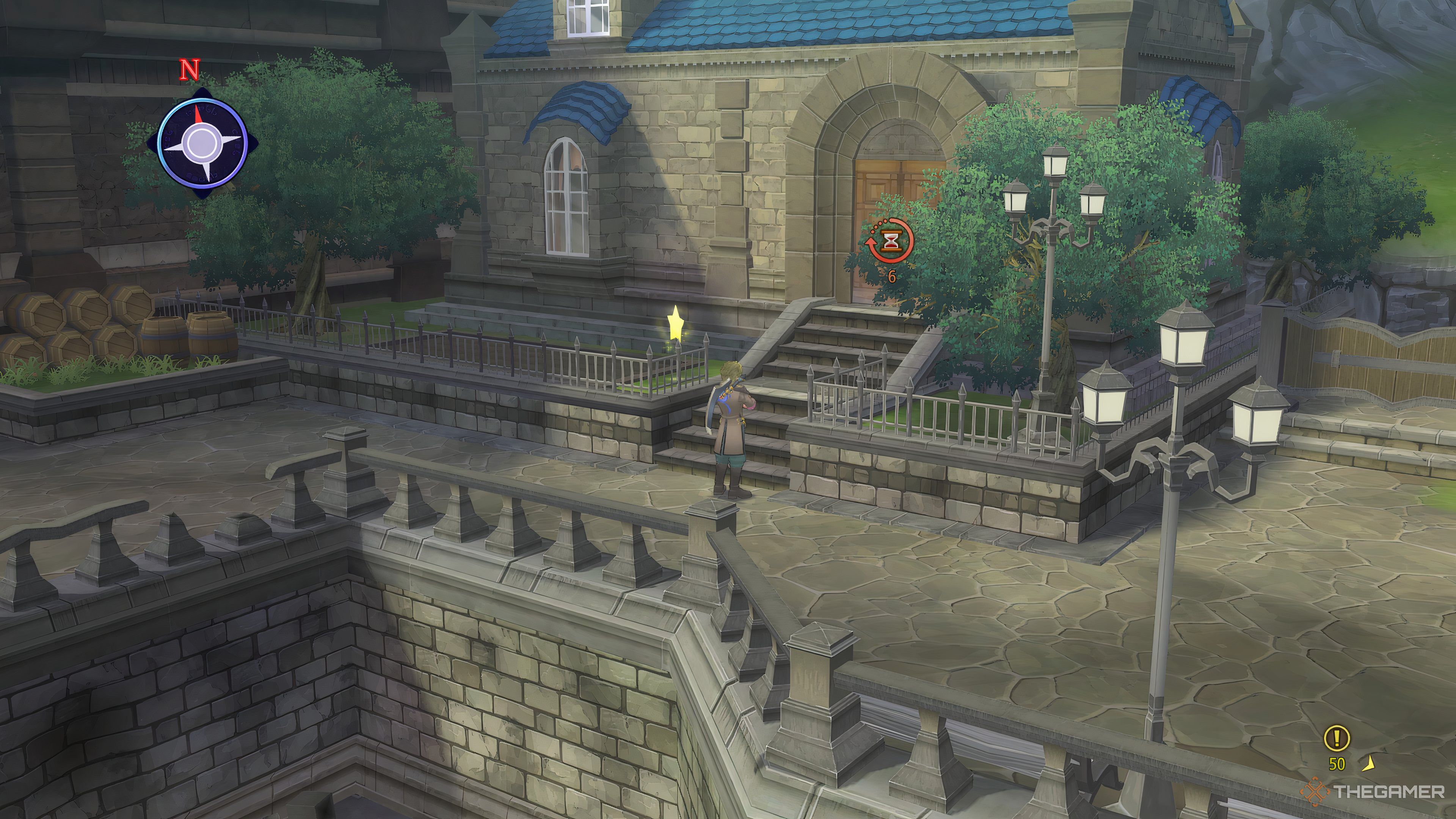 Malik standing outside Cheria&rsquo;s house which has a red Hourglass Event symbol on the doors in Tales Of Graces F Remastered.