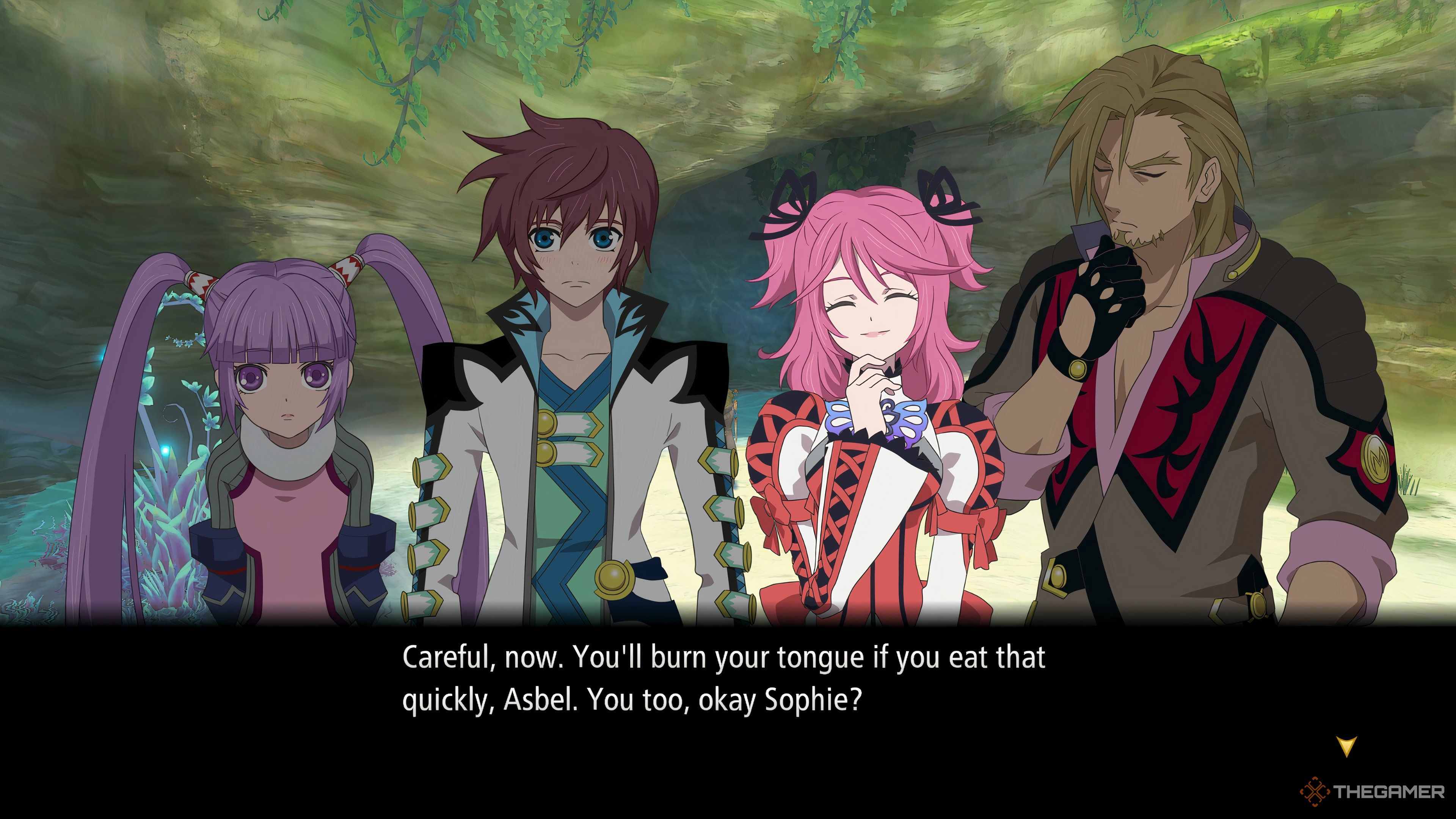 Malik, Sophie, Asbel, and Cheria talking about and eating Foo Foo Foo during a DLC skit in Tales Of Graces F Remastered.