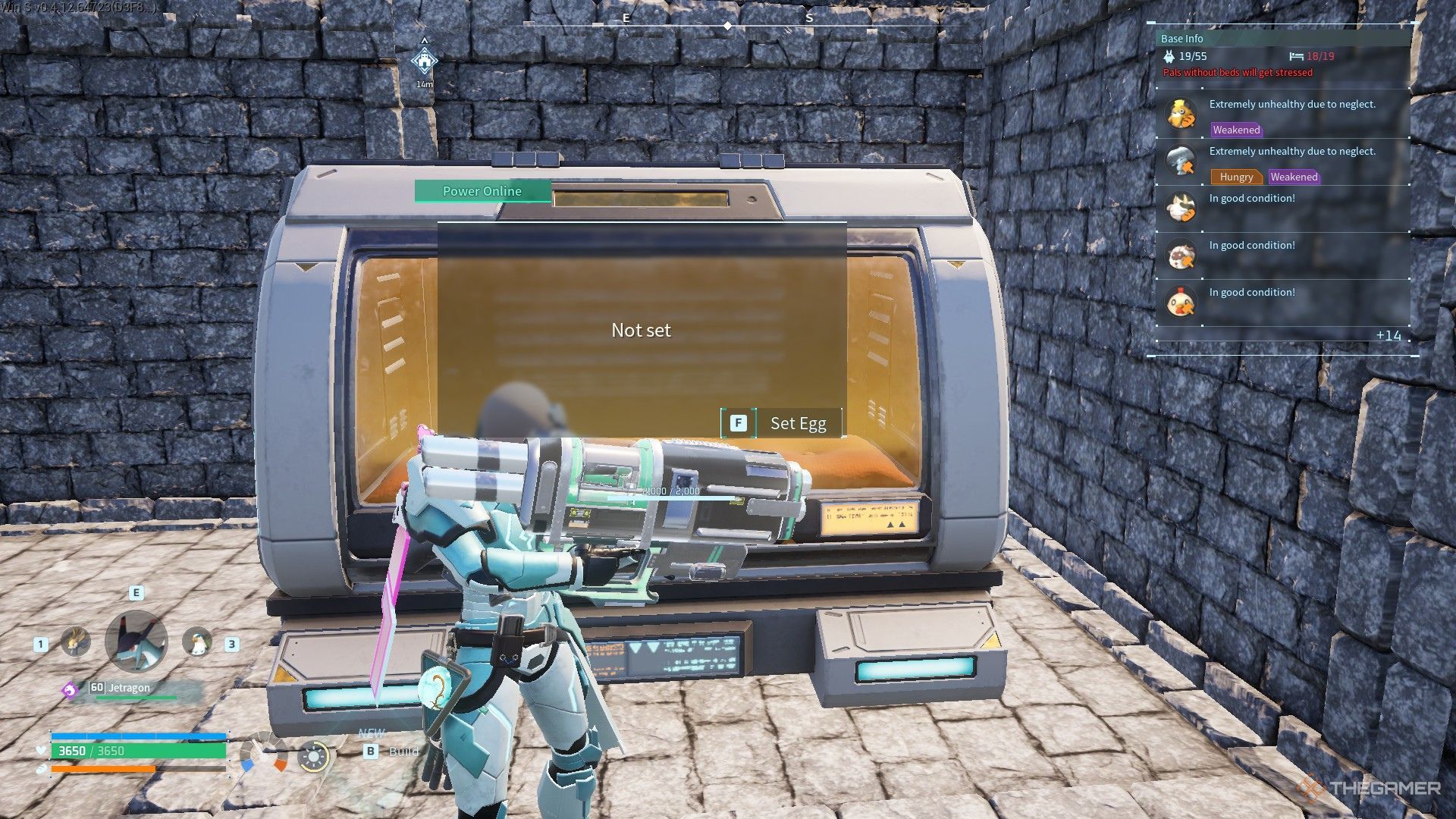 The image shows the player standing in front of an empty Large-Scale Electric Egg Incubator in Palworld.