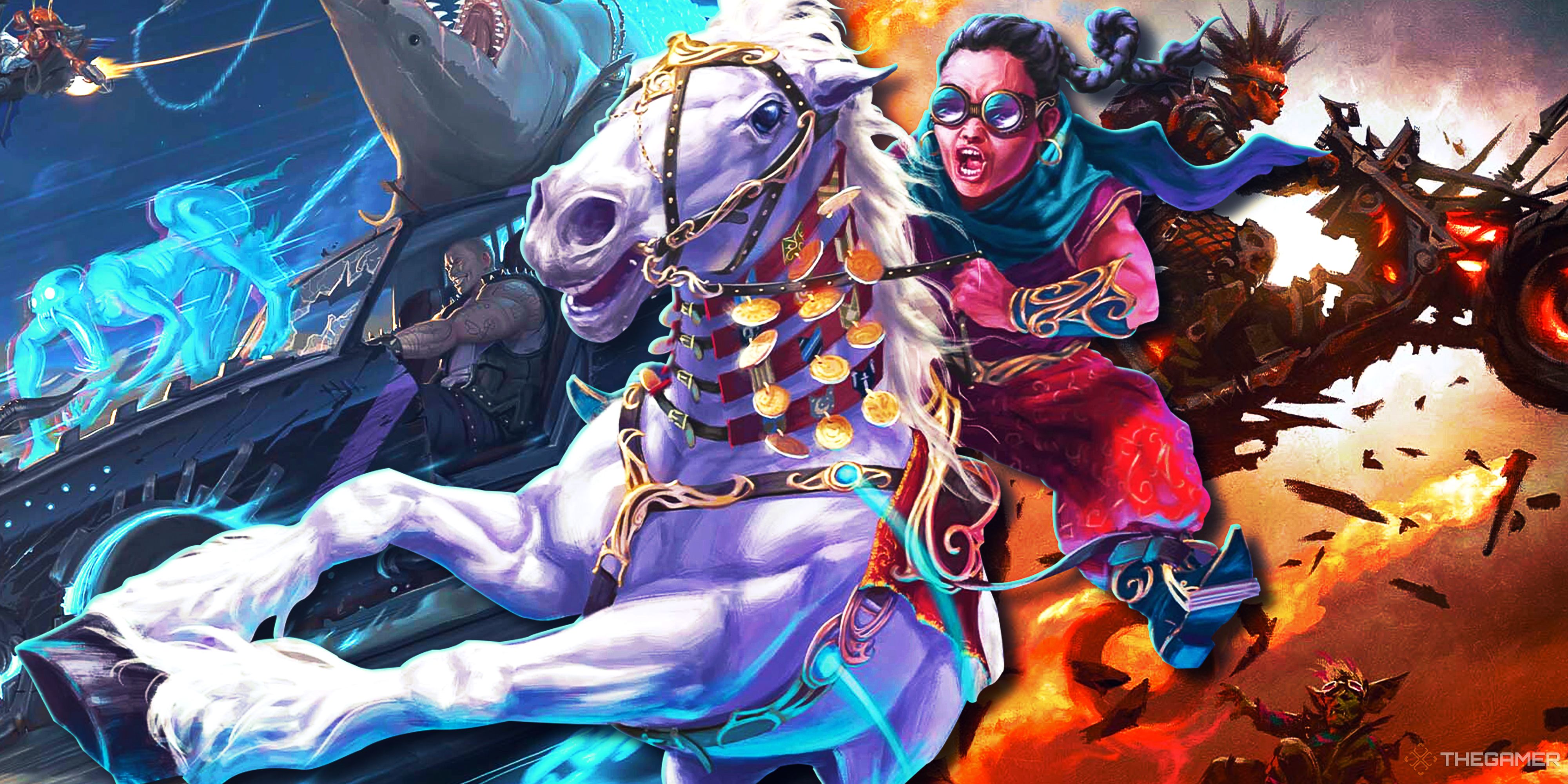 Aetherdrift art, showing a woman on a horse, a motorbiker, and a shark chained to a car.