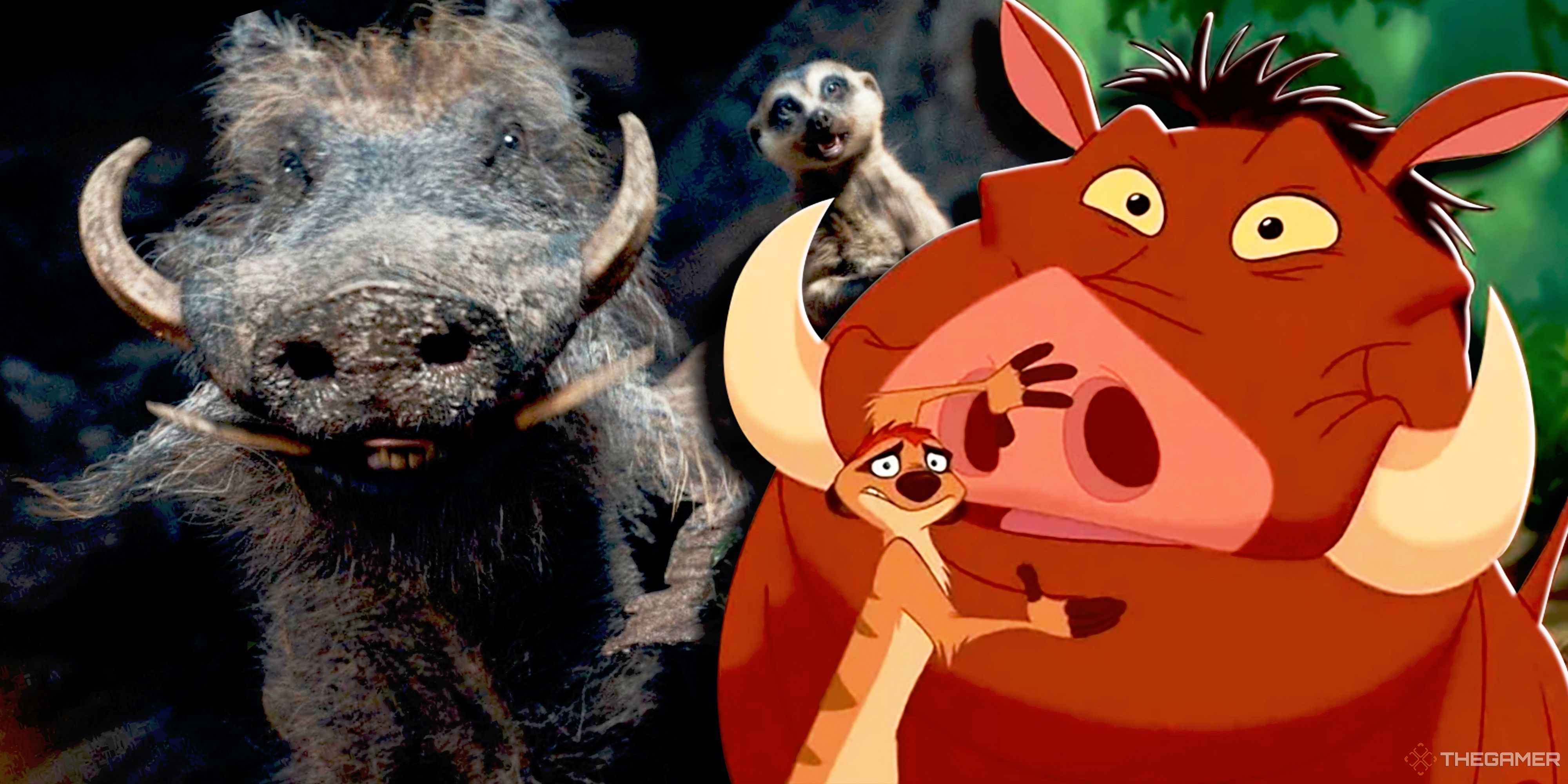 Split image with realistic Pumba and Timon on the left, and the cartoon versions on the right.