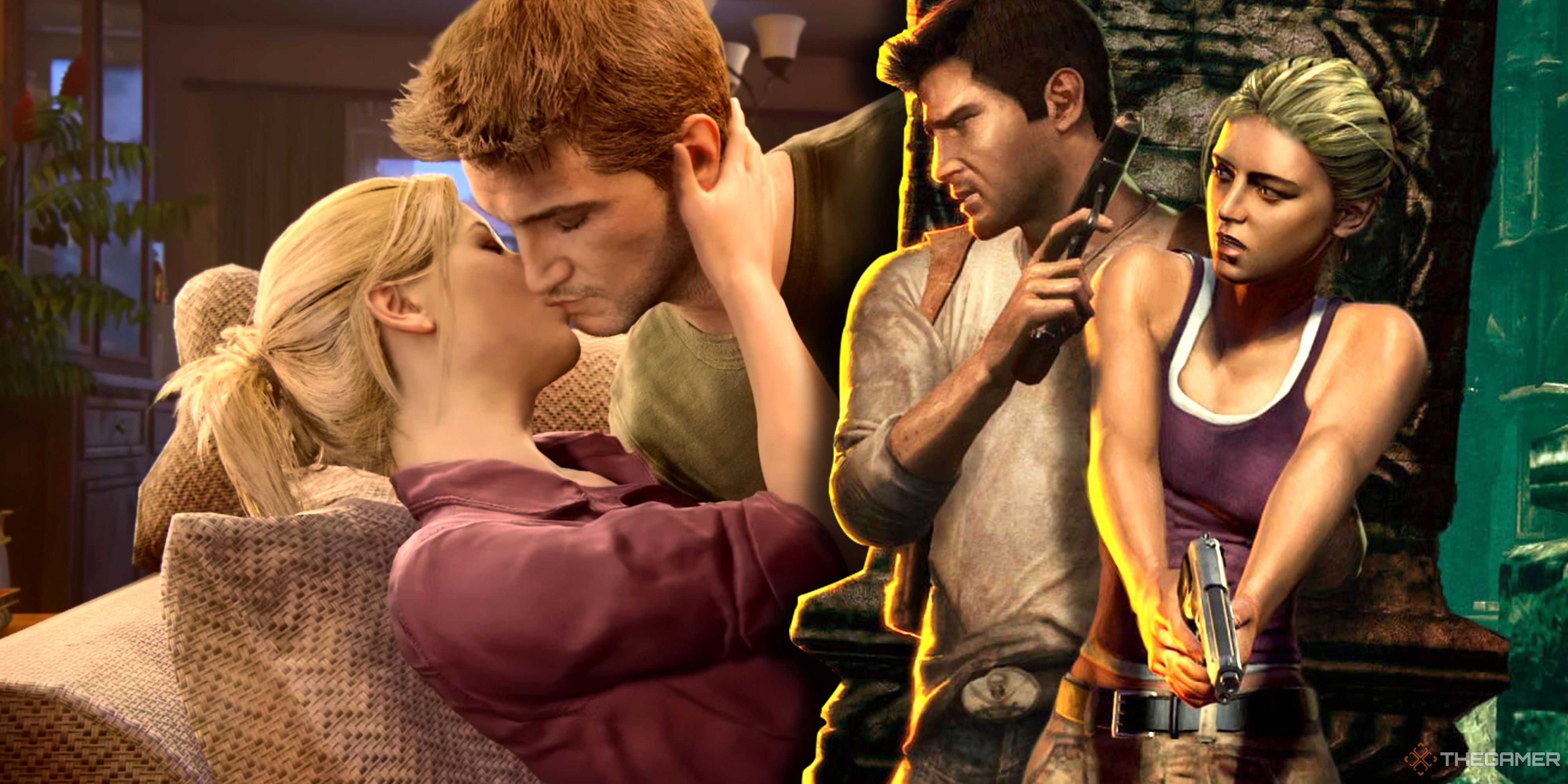 Split image with Nate and Elena from Uncharted 4 on the left, and Nate and Elena from Uncharted: Drake's Fortune on the right.