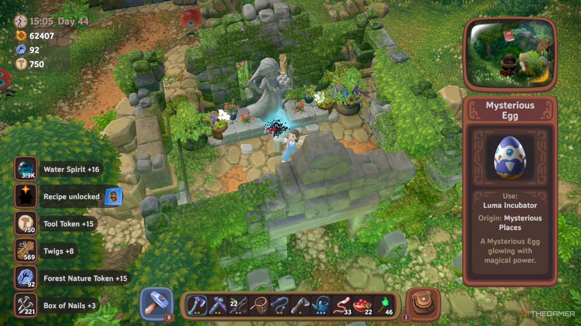 Player character holding up a Mysterious Egg they found in the Forest Shrine in Luma Island.