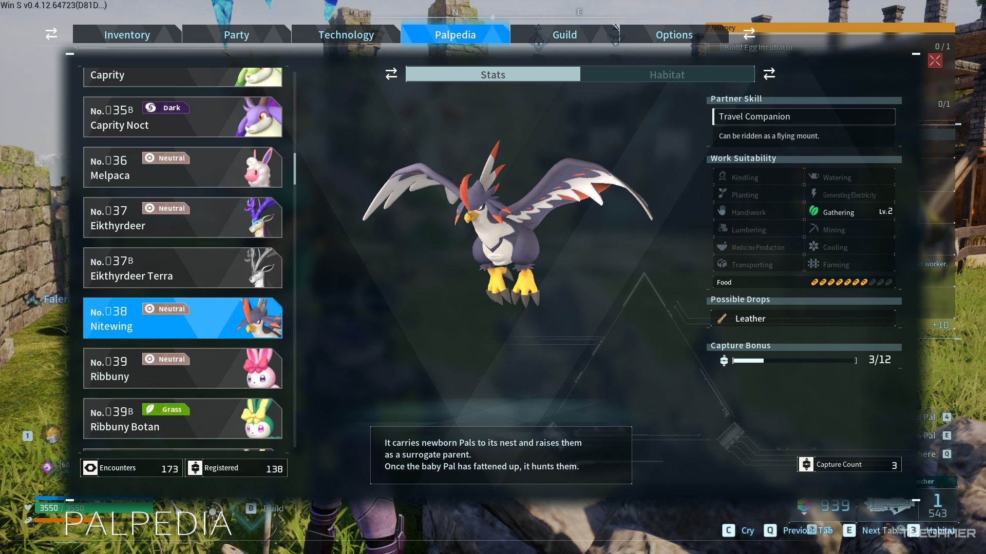 The player checks the Nitewing&rsquo;s Palpedia entry in Palworld.