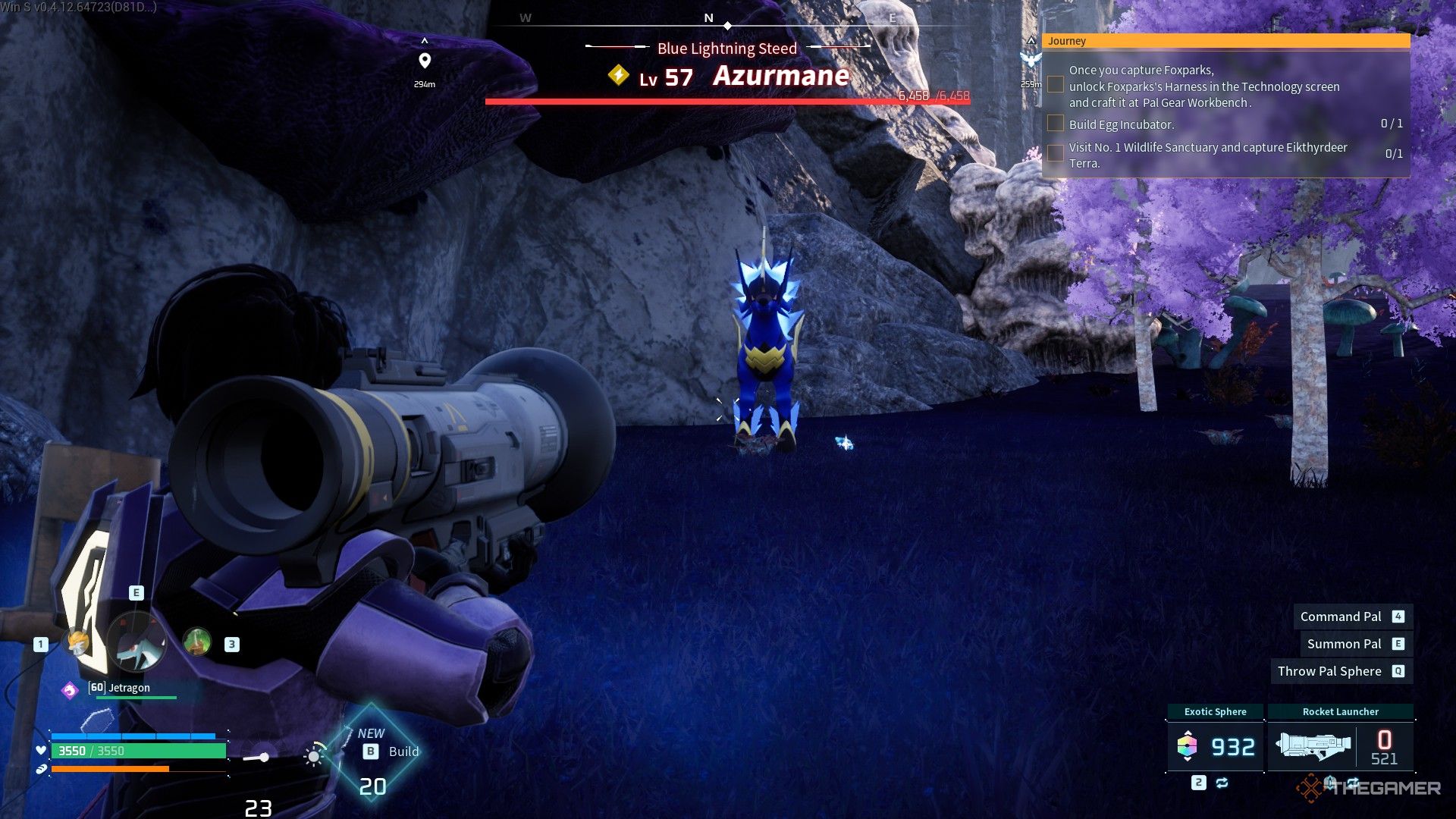 The player is aiming a rocket launcher to Alpha Boss Azurmane in Palworld.