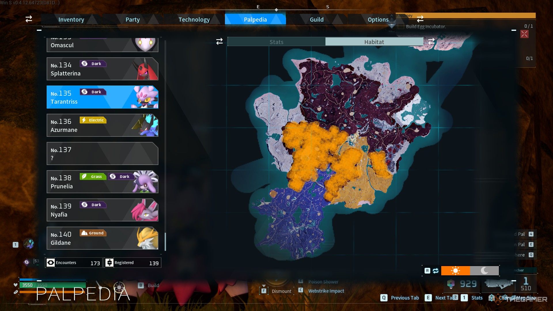 The orange painted areas shows the possible spawn locations of the Tarantriss in Palworld.