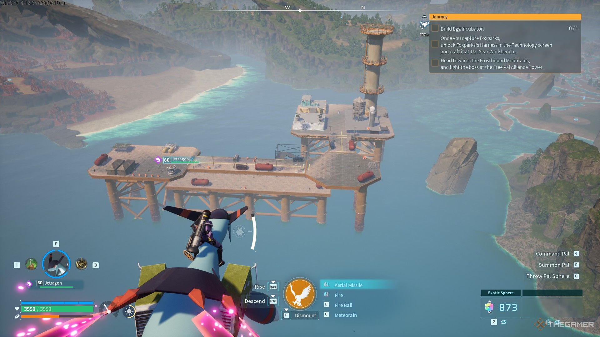 The player is flying towards to Rayne Syndicate Oil Rig in Palworld.