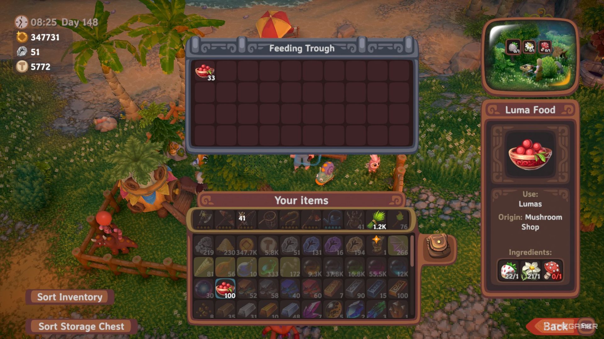 Player character filling a Feeding Trough with Luma Food for their Luma to eat in Luma Island.