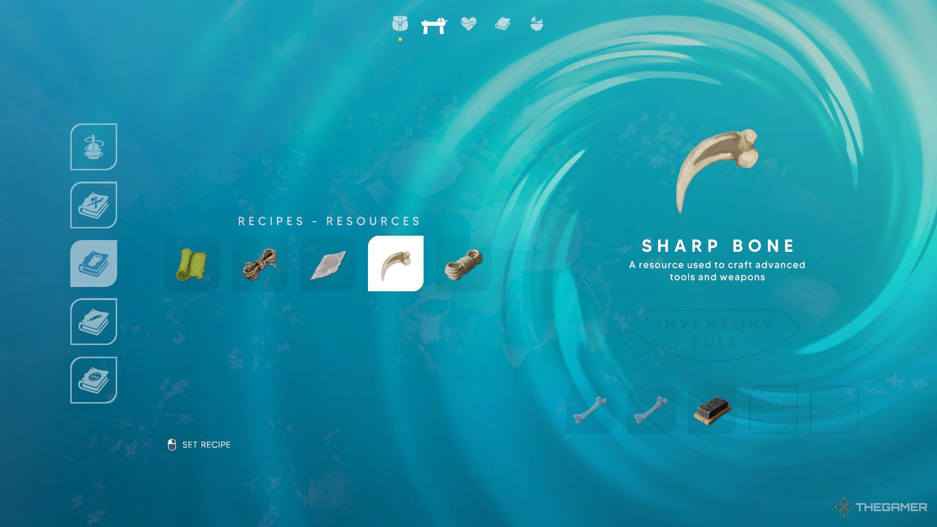 Sharp Bone is shown in the crafting menu in Aloft.