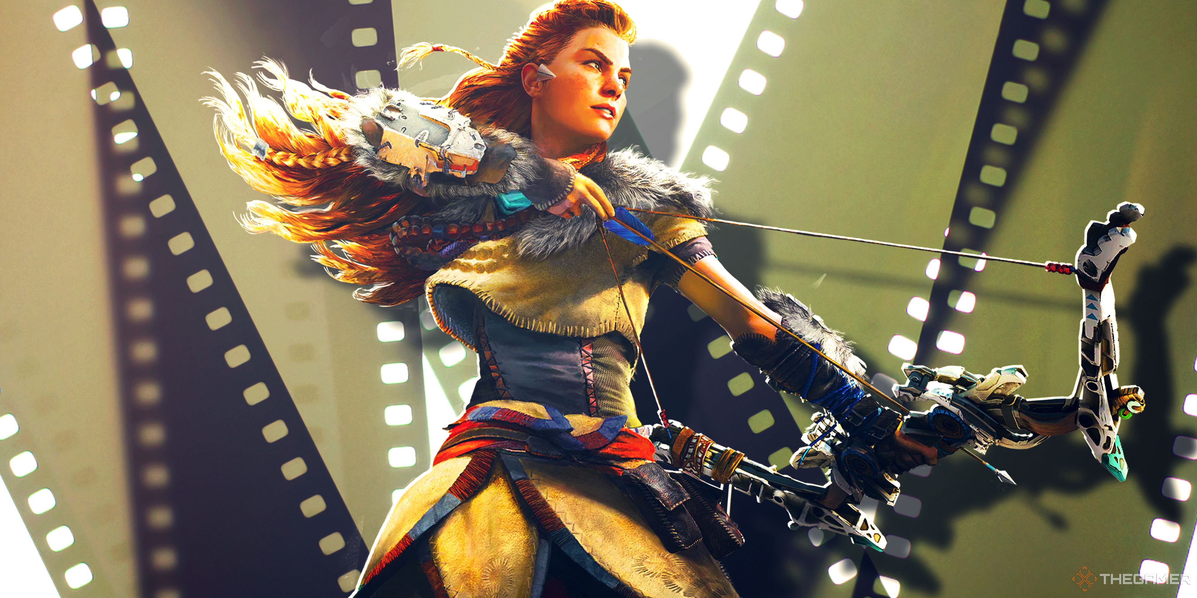 Aloy from Horizon surrounded by strips of film.