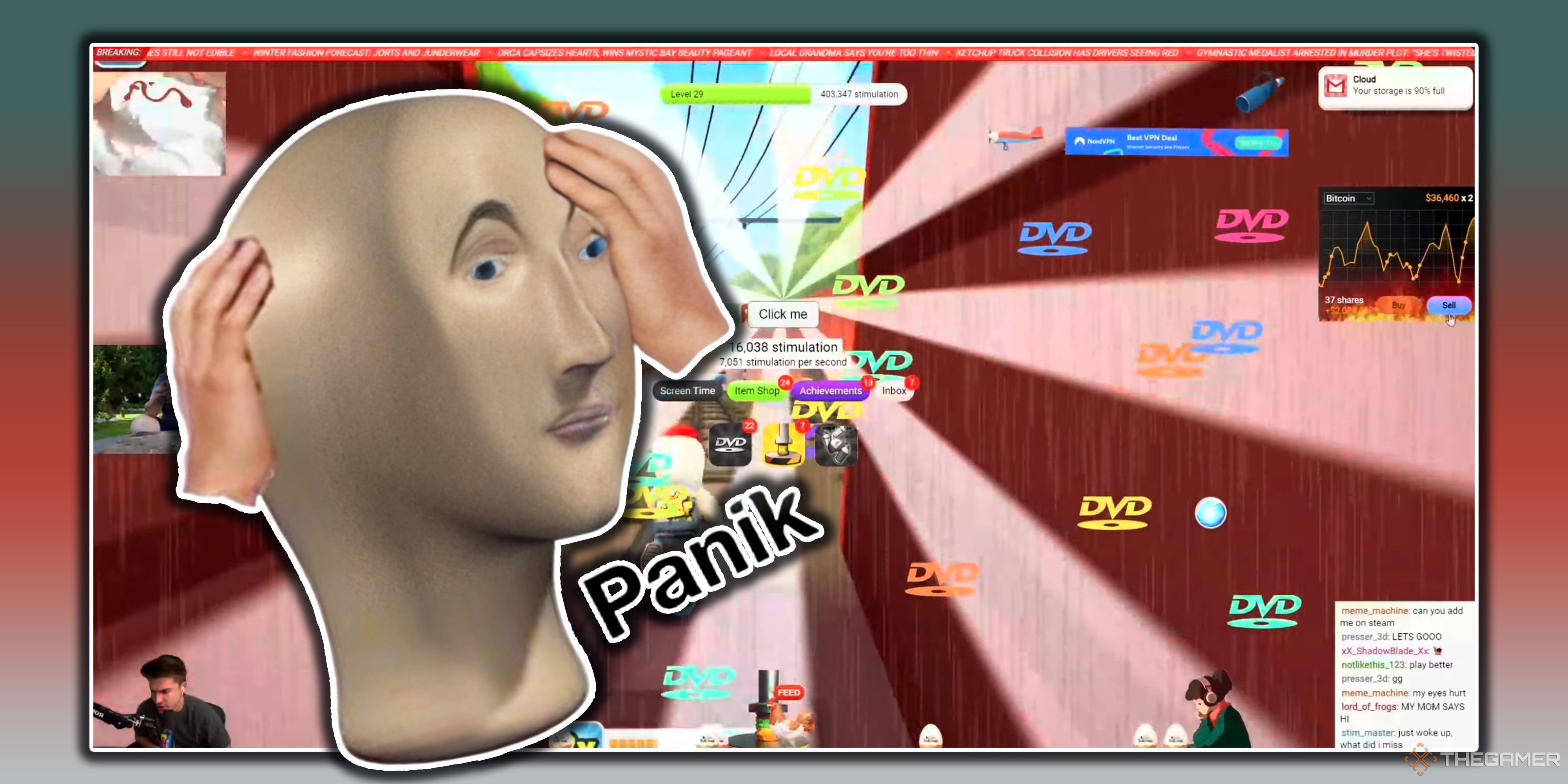 The Panik meme over a screenshot of Stimulation Clicker.