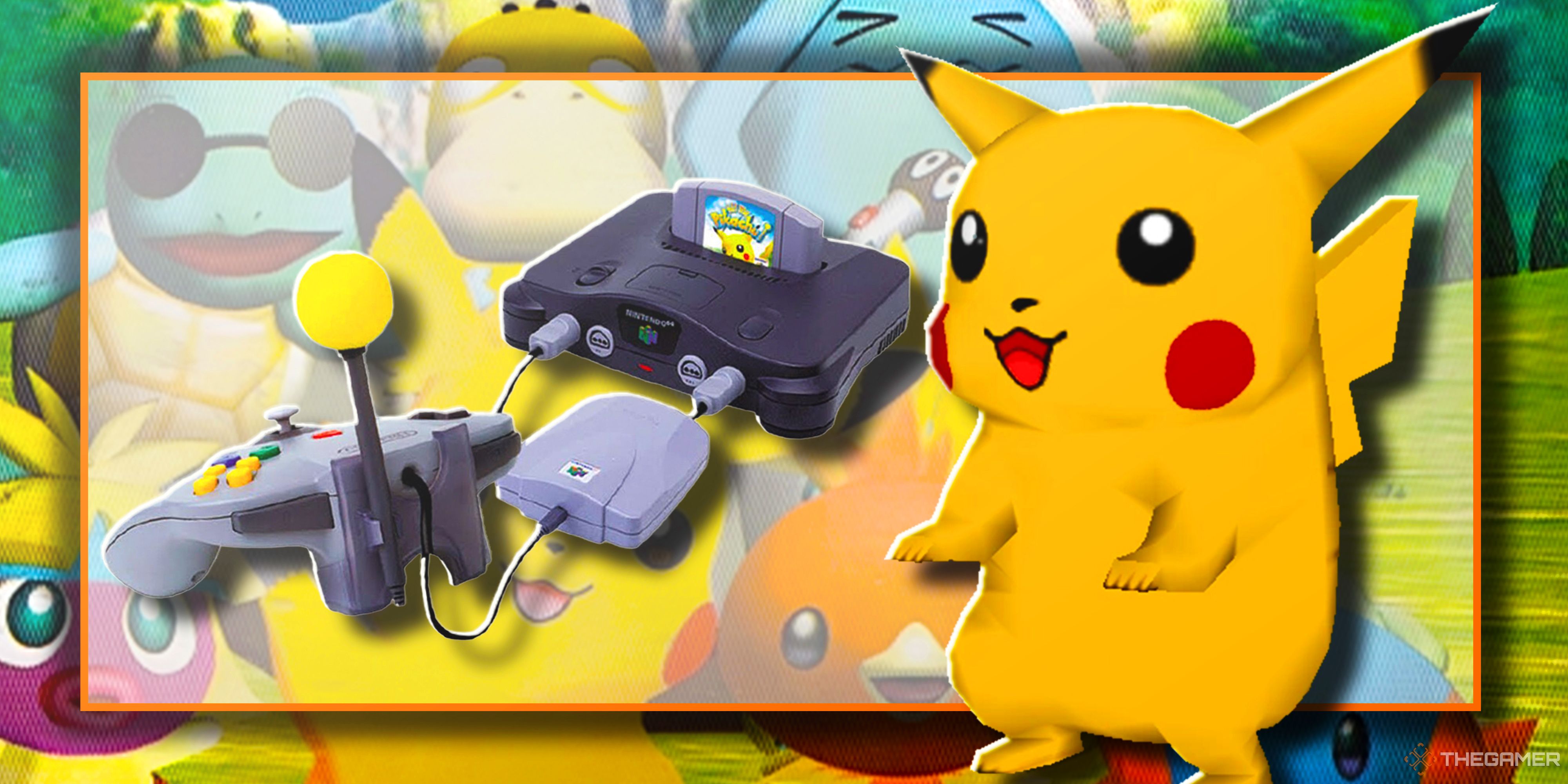 نمای کلی Sims 1 و 2 Legacy Editions 1 Pikachu از کانال Pokemon با N64 تنظیم شده برای بازی Hey You ، Pikachu! در پس زمینه