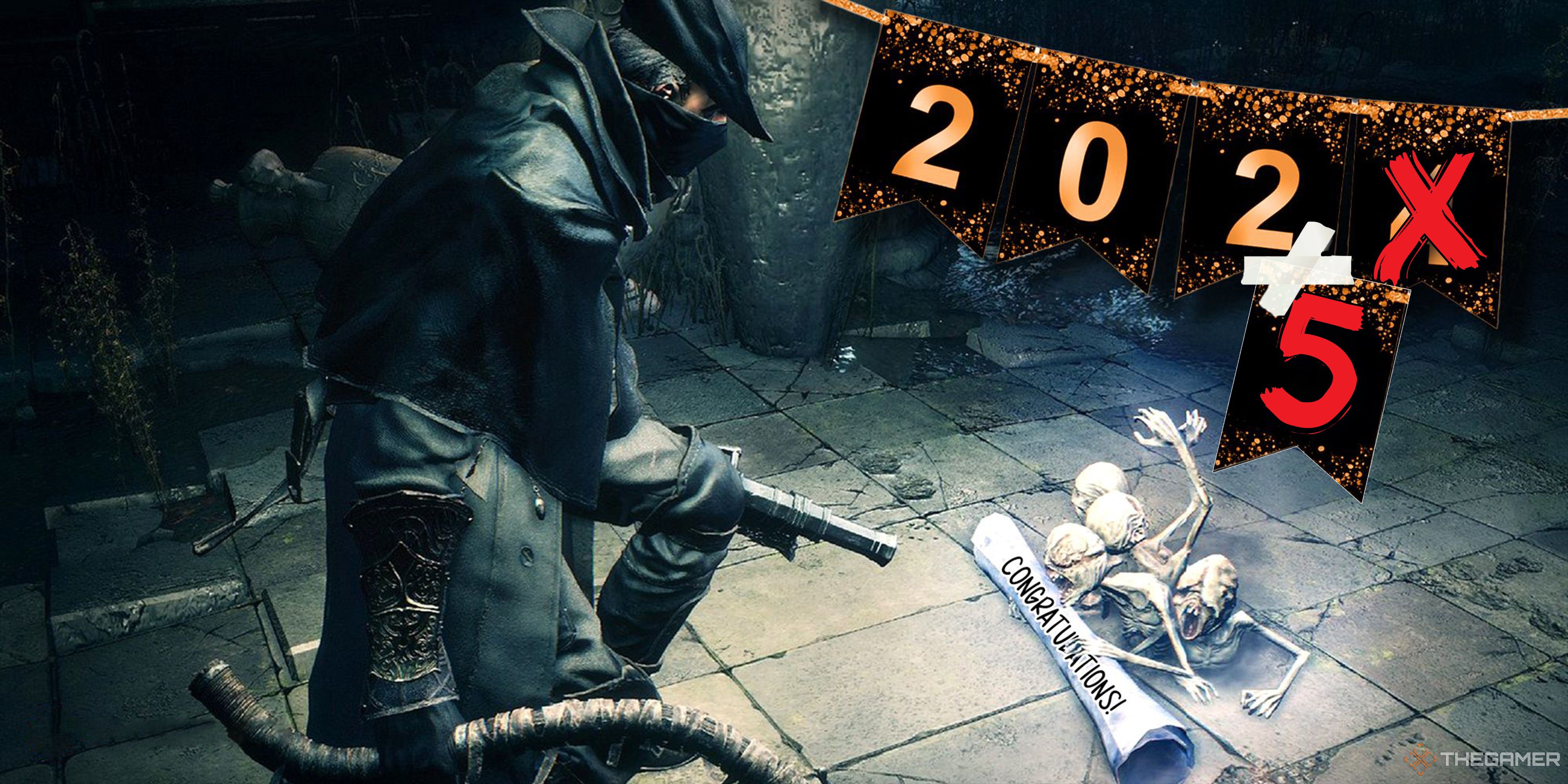 A hunter from Bloodborne kneeling with a banner reading 2024 in the background. The 4 in 2024 has been crossed out and replaced with a 5.