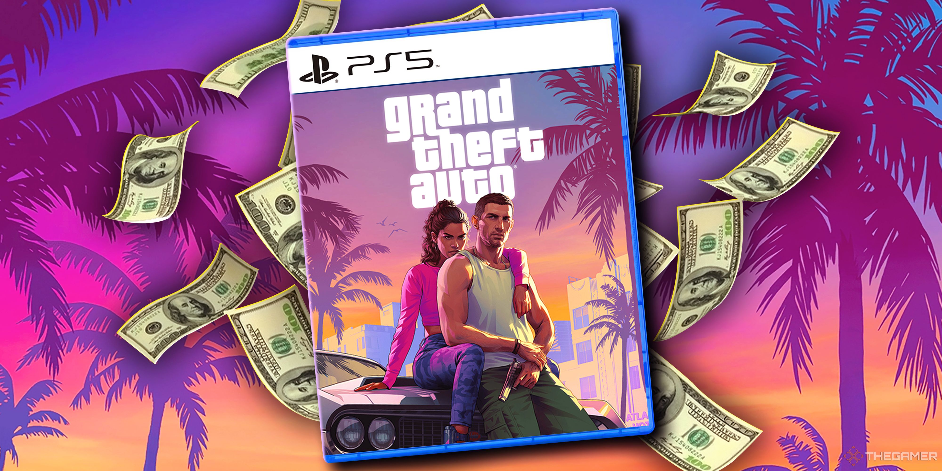 A boxed PS5 copy of Grand Theft Auto 6 being showered with 100 dollar bills.