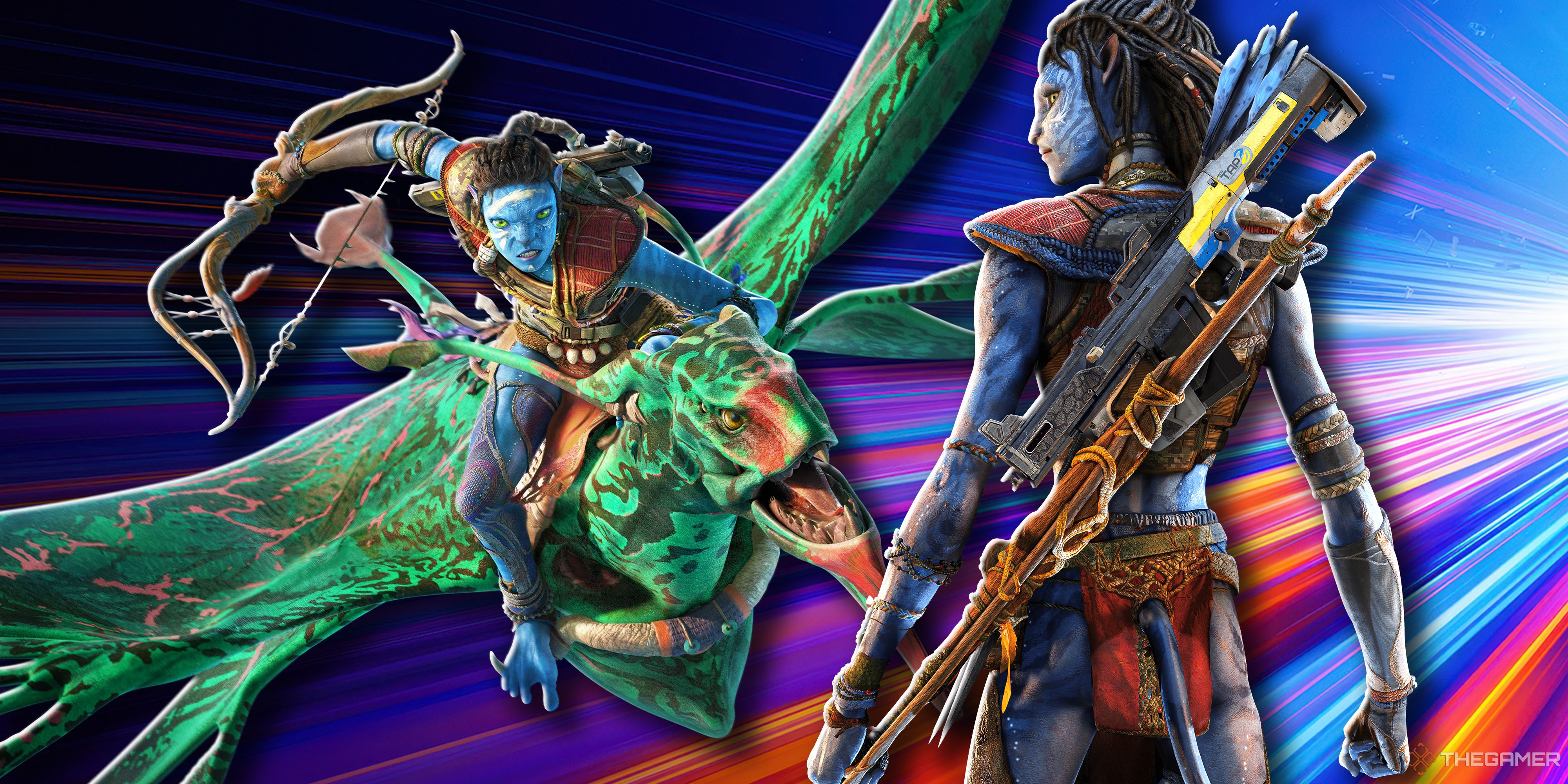 A Na'vi warrior flying on an alien creature and a Na'vi archer standing in profile.