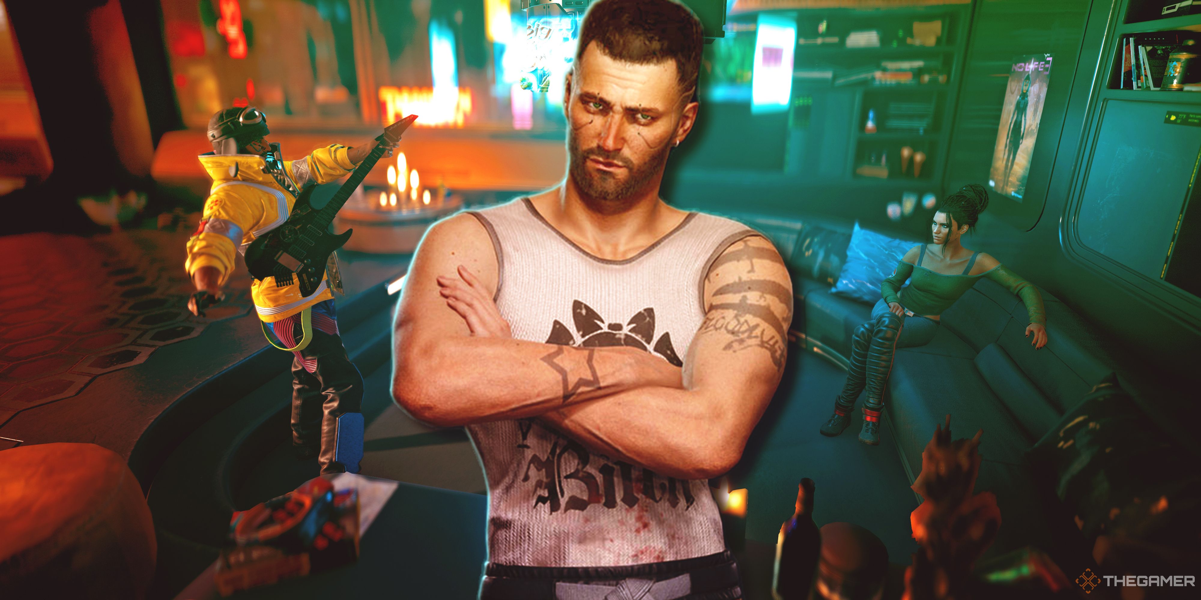 Cyberpunk 2077 How To Buy And Upgrade Your Apartment cover image featuring an angry after Panam rejects his song.