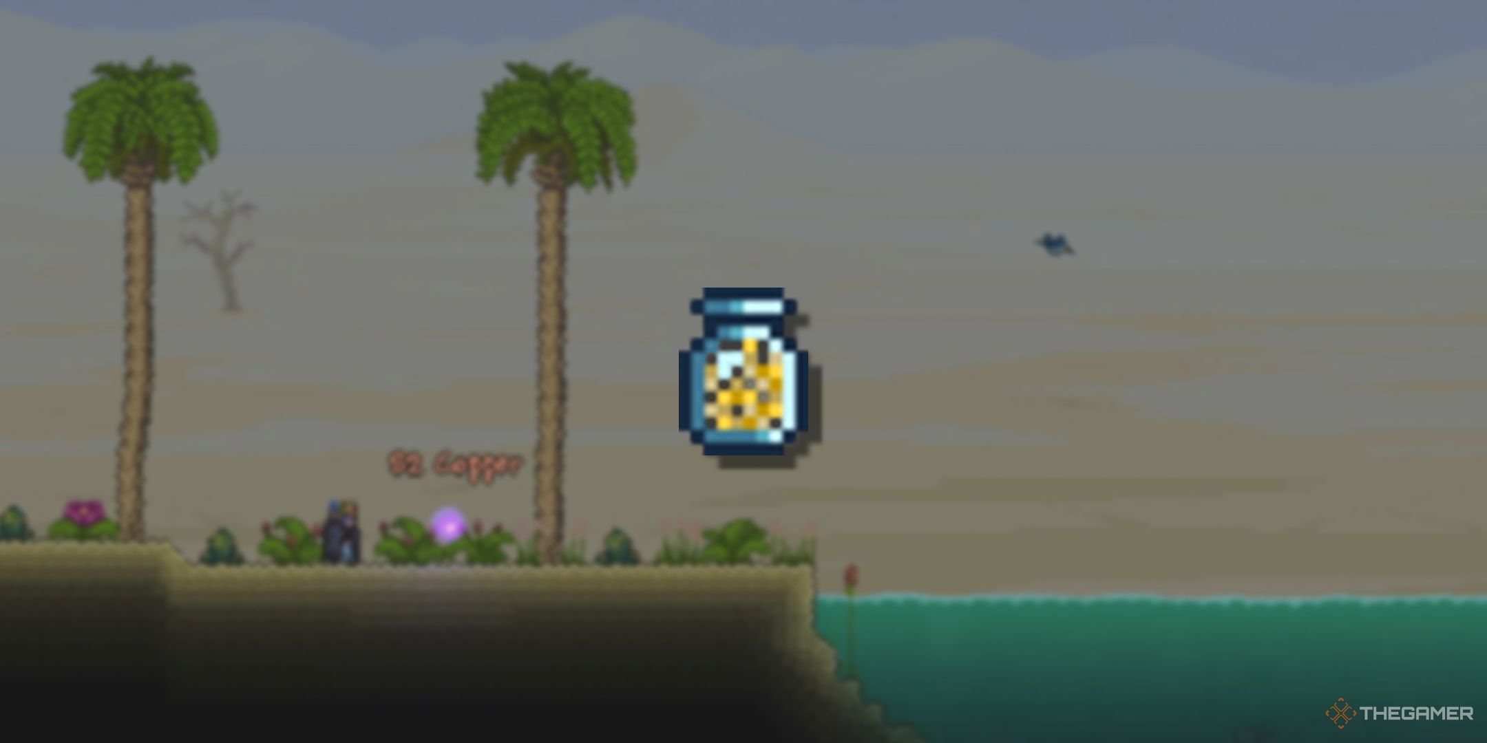 A blurry image of a player at the desert with a PNG of Sandstorm in a bottle in Terraria.