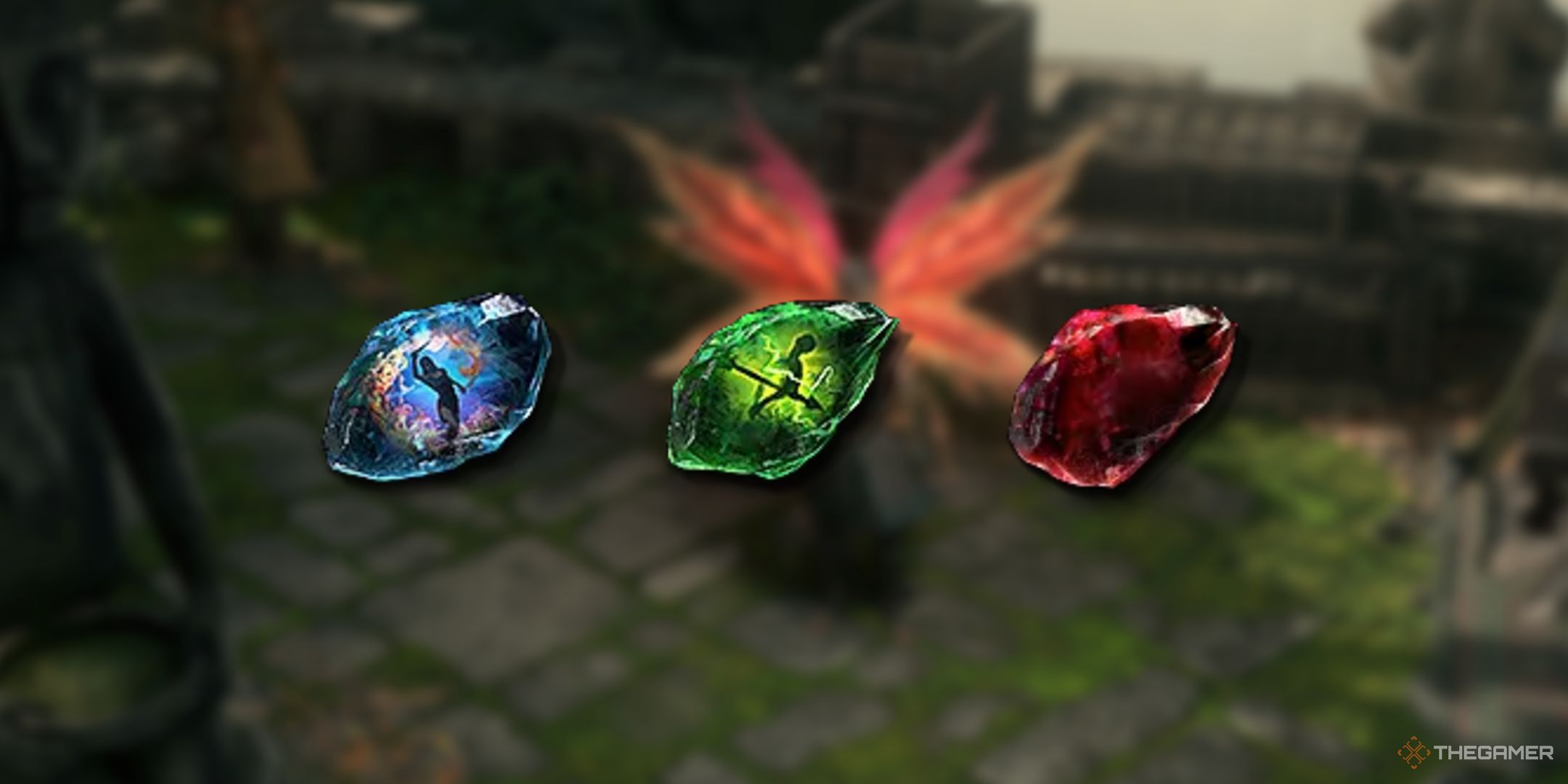 A blurry image of a player with PNGs of 3 skill gems.