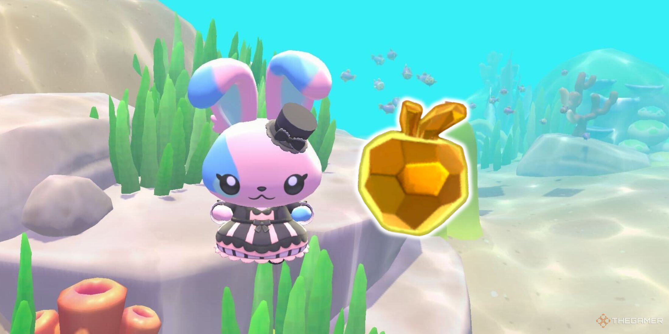 A bunny and a stamina apple in Hello Kitty Island Adventure.