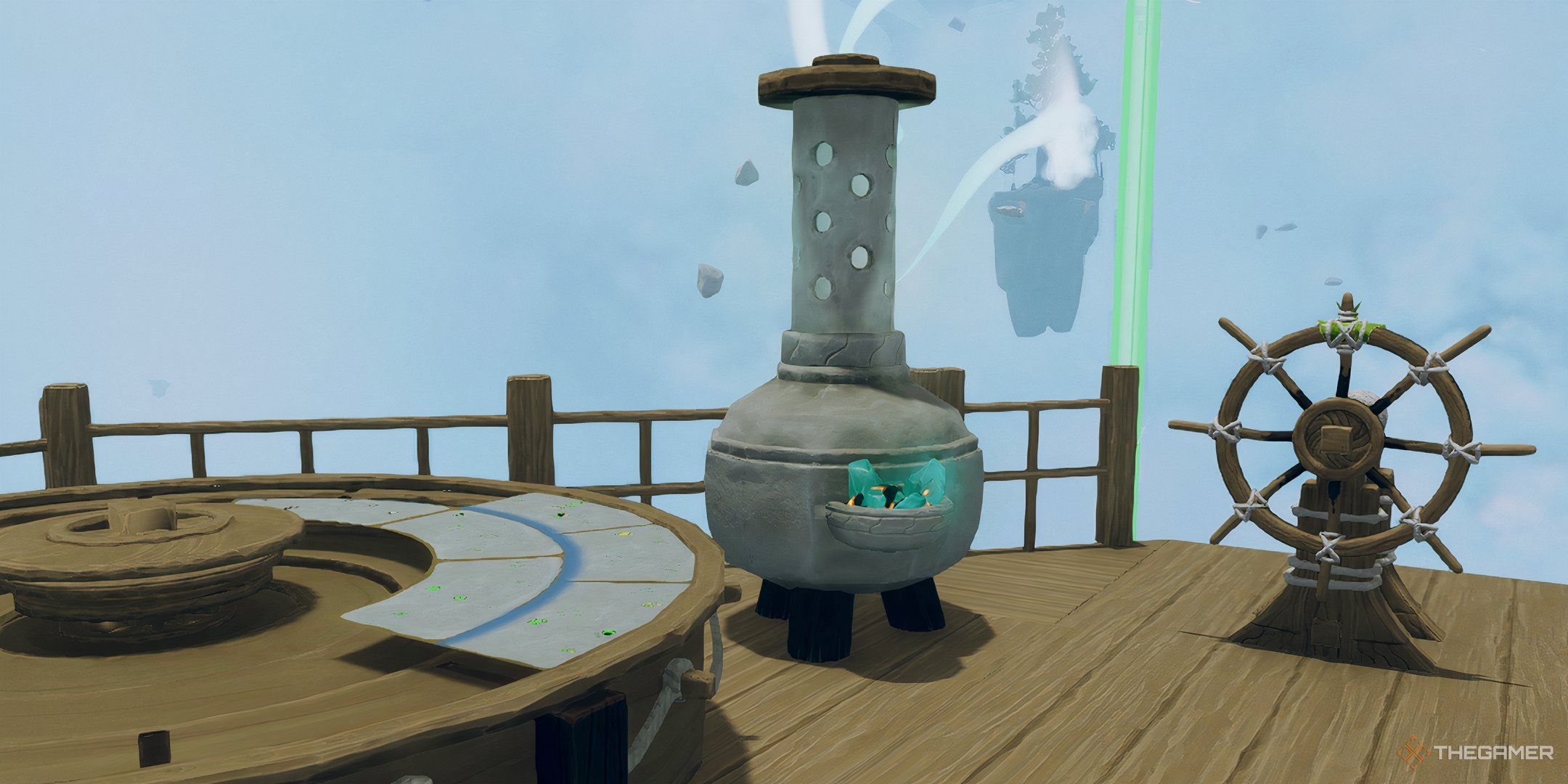 A burning Stormchaser near a helm and map table with an island marked in the distance in Aloft.