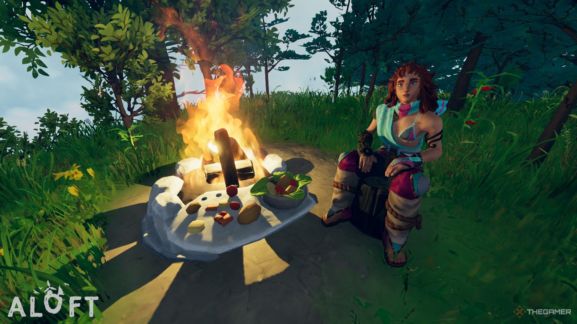 A character cooking a meal on a cooking plate by a campfire in Aloft.