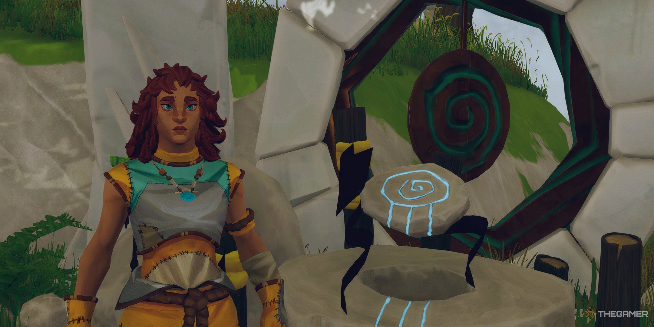 A character standing near a lost atlas at an altar in Aloft.