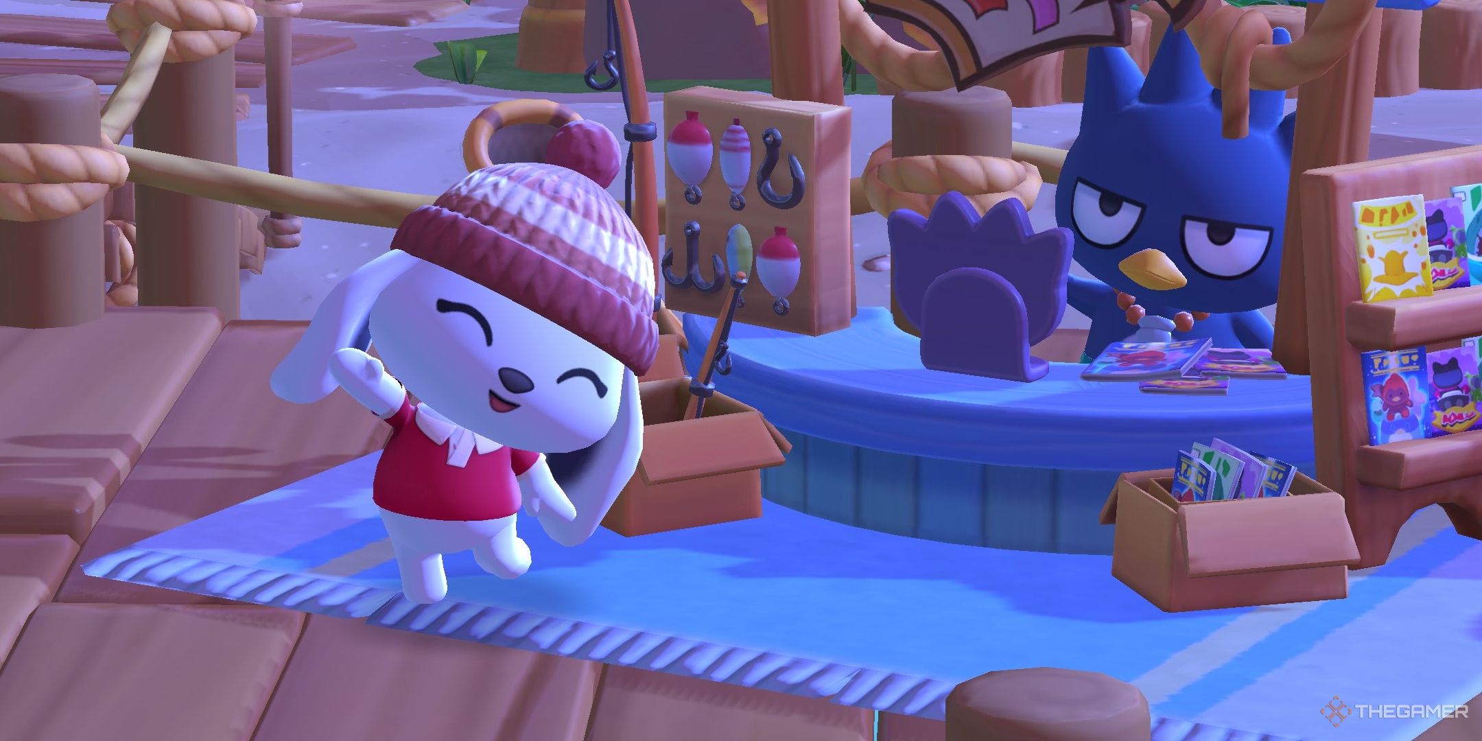 A character waving with Badtz-maru in Hello Kitty Island Adventure.