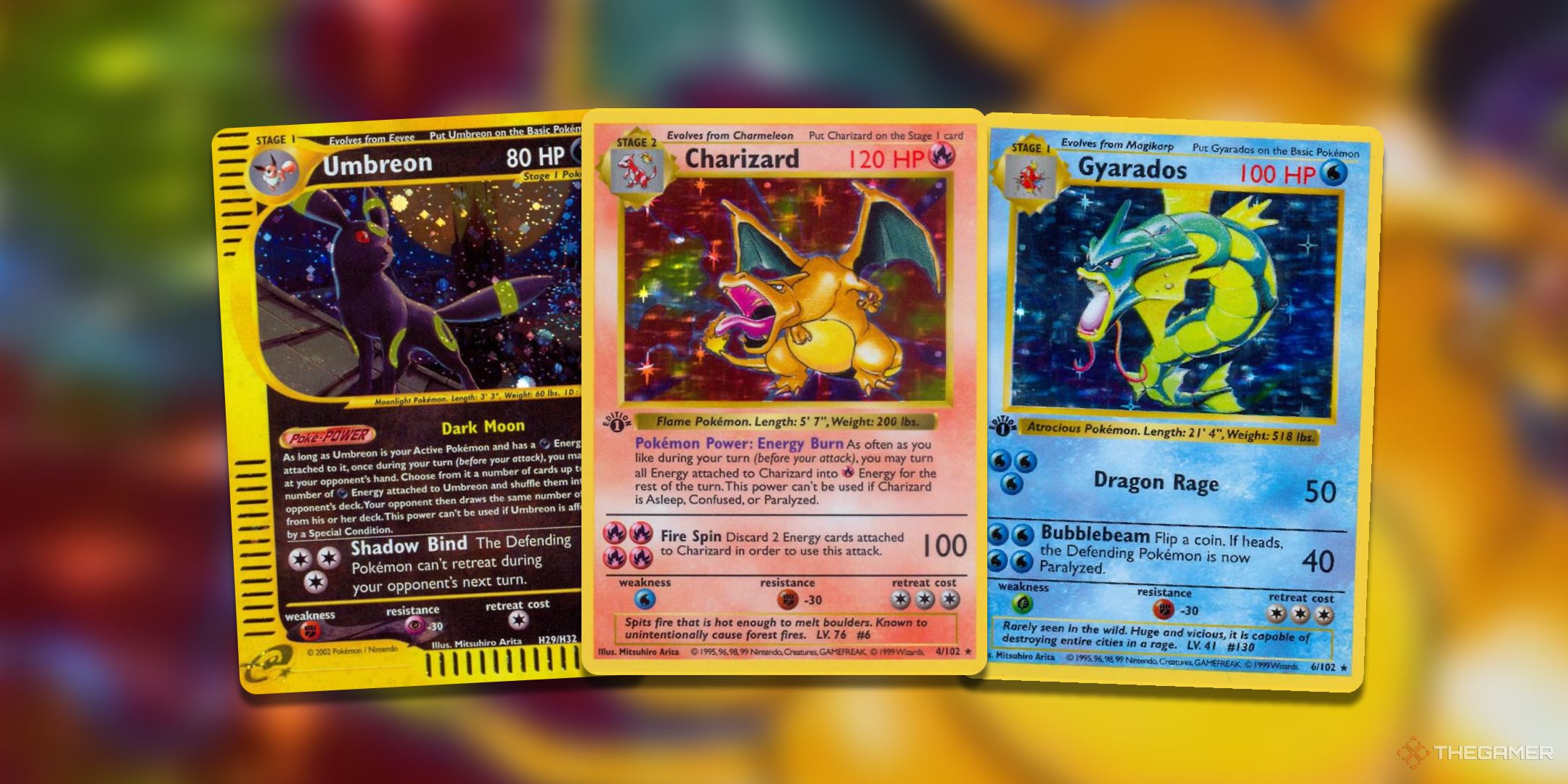 A collage of cards illustrated by Mitsuhiro Arita such as Base set Charizard, Gyarados, and Umbreon from the Pokemon TCG.