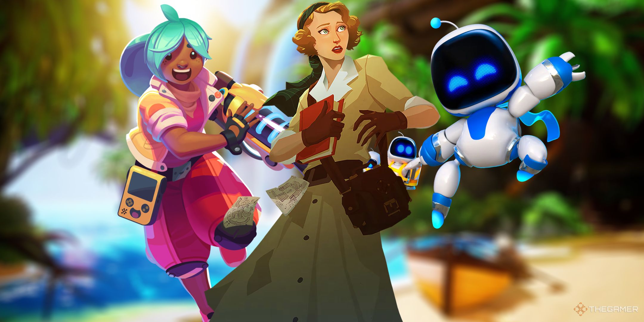 A collage of characters from casual PS5 games such as Astro Bot and Slime Rancher.