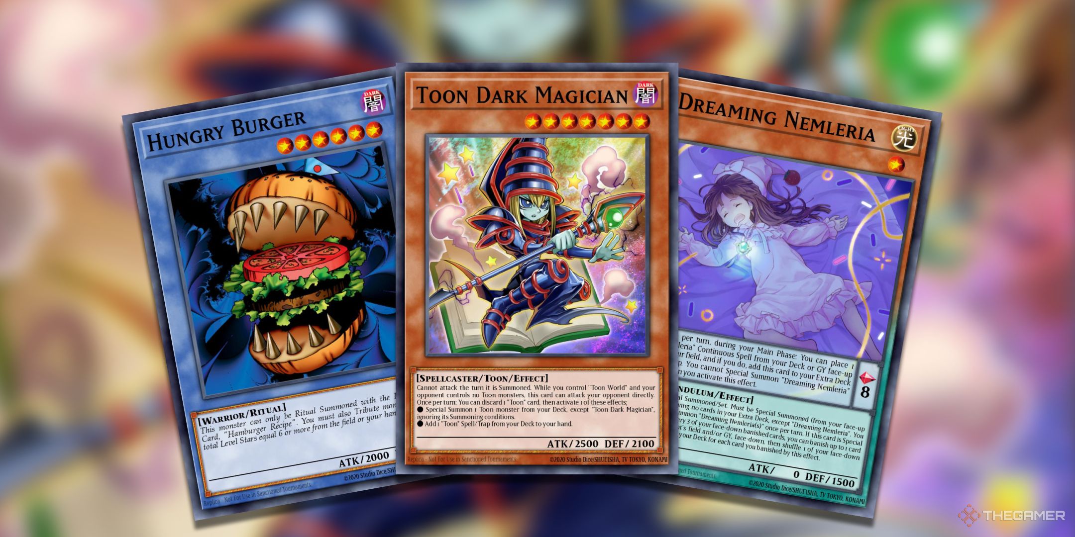 A collage of funny Yu-Gi-Oh! TCG Card Art including Toons, Hungry Buger, and Dreaming Nemleria.