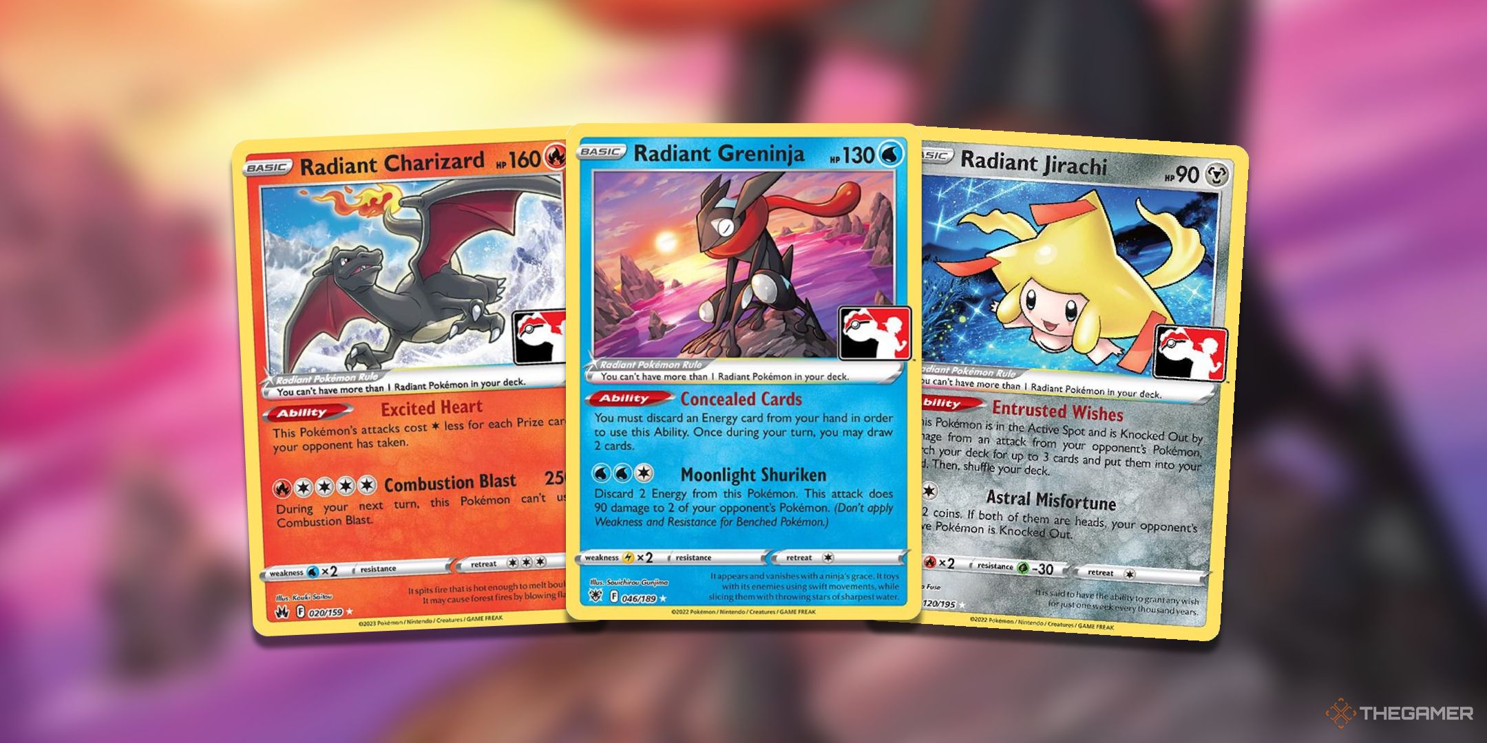 A collage of Radiant Pokemon including Radiant Greninja, Radiant Jirachi, and Radiant Charizard from the Pokemon TCG.