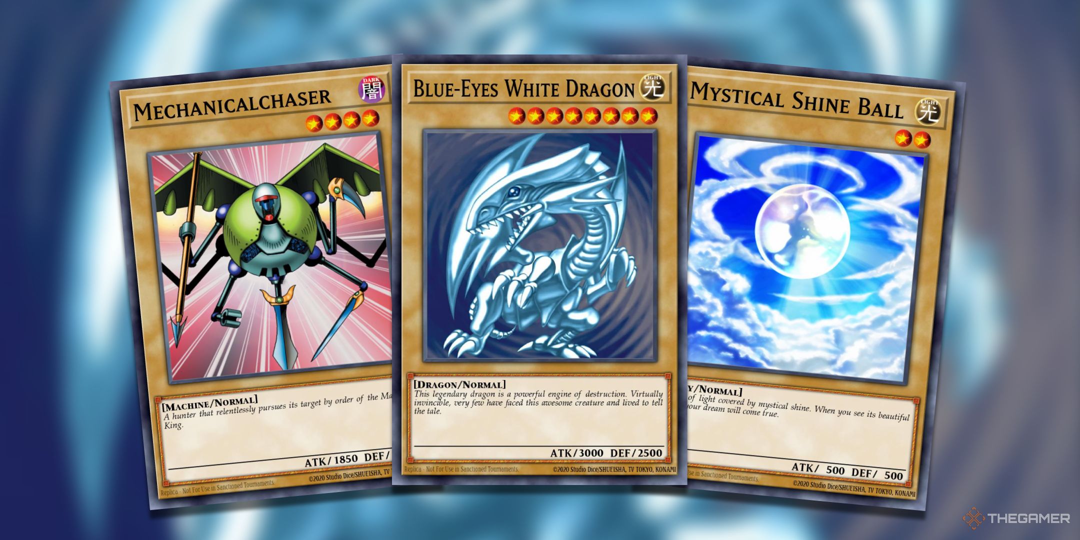 A collage of vanilla monsters from the Yu-Gi-Oh! TCG such as Blue-Eyes White Dragon, Mystical Shine Ball, and Mechanicalchaser.