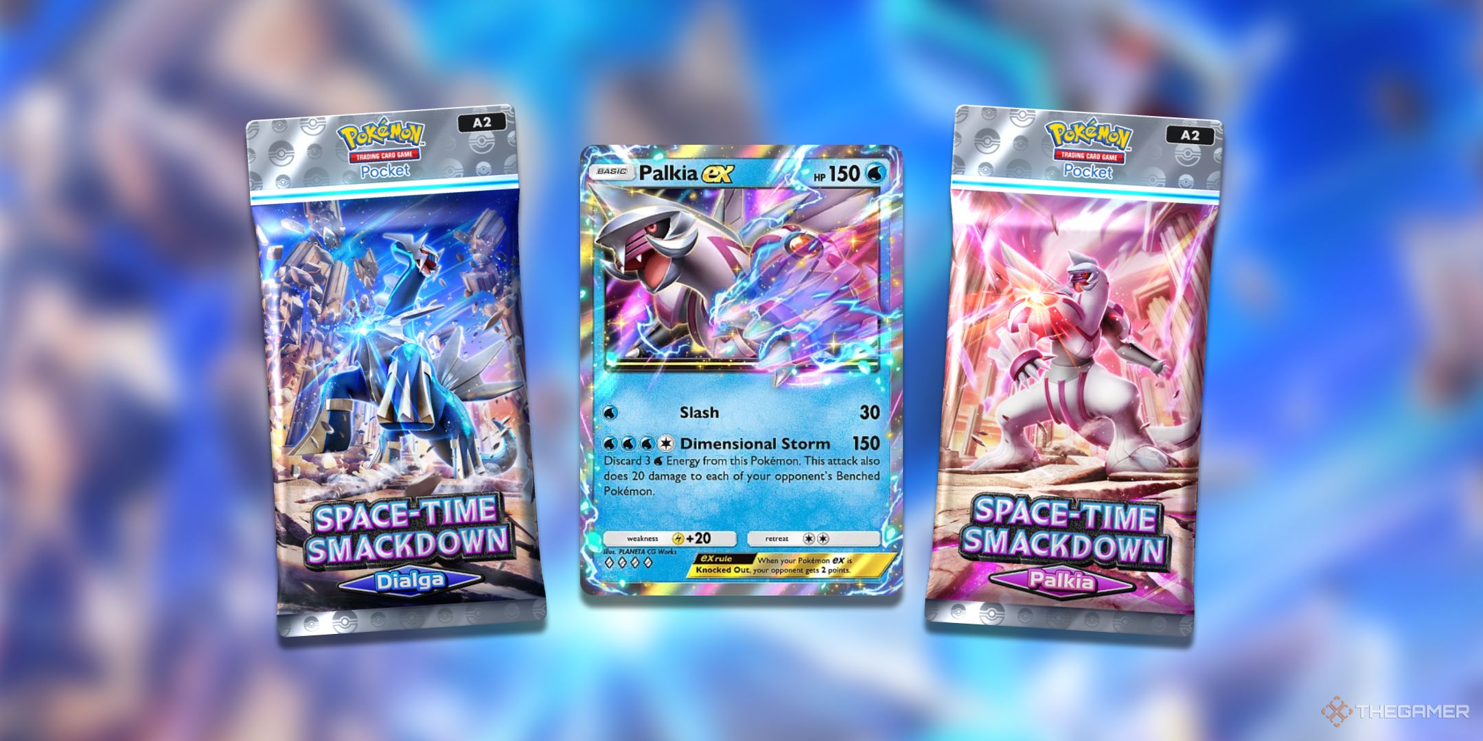 A Dialga and Palkia pack from Pokemon TCG Pocket Space Time Smackdown with Palkia ex in the center.