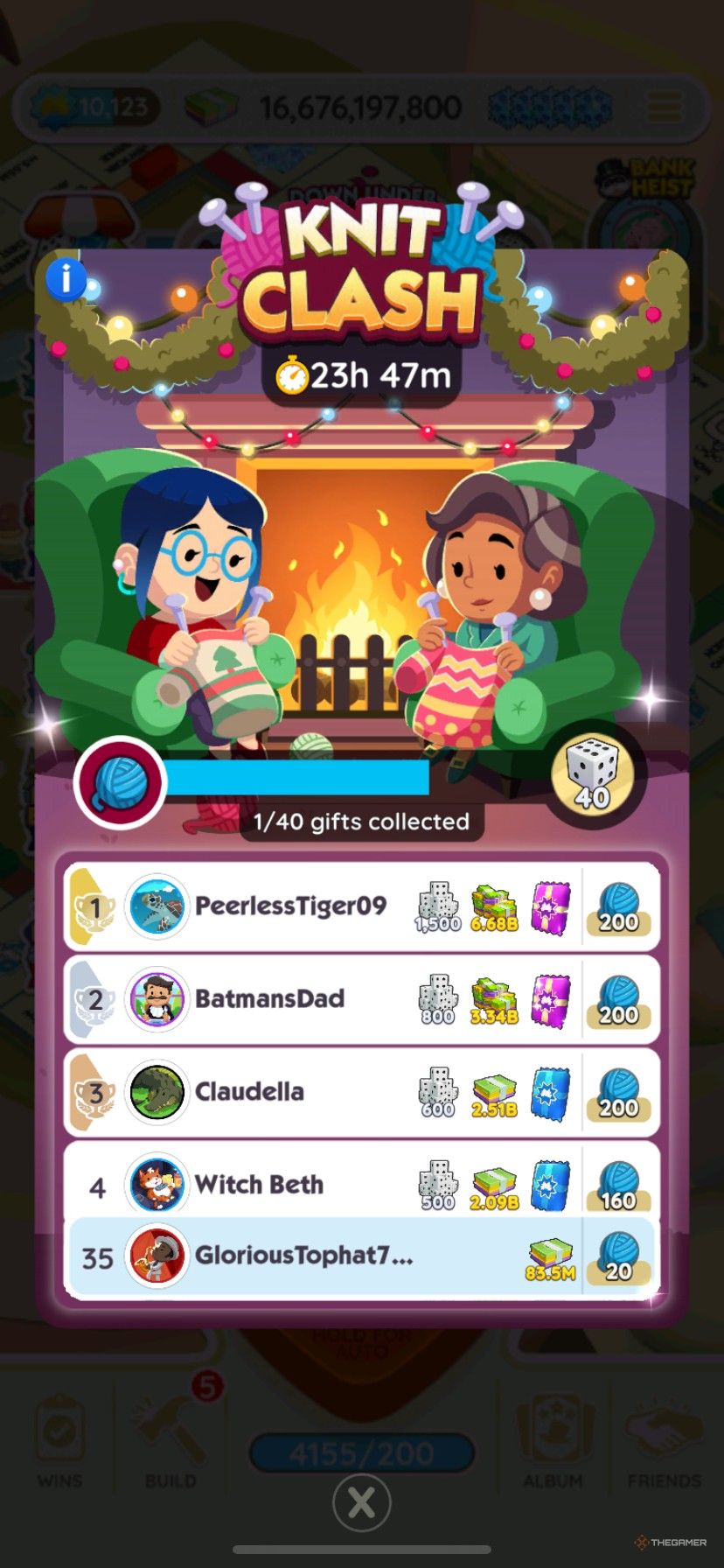 تابلوی امتیازات Knit Clash در Monopoly Go.