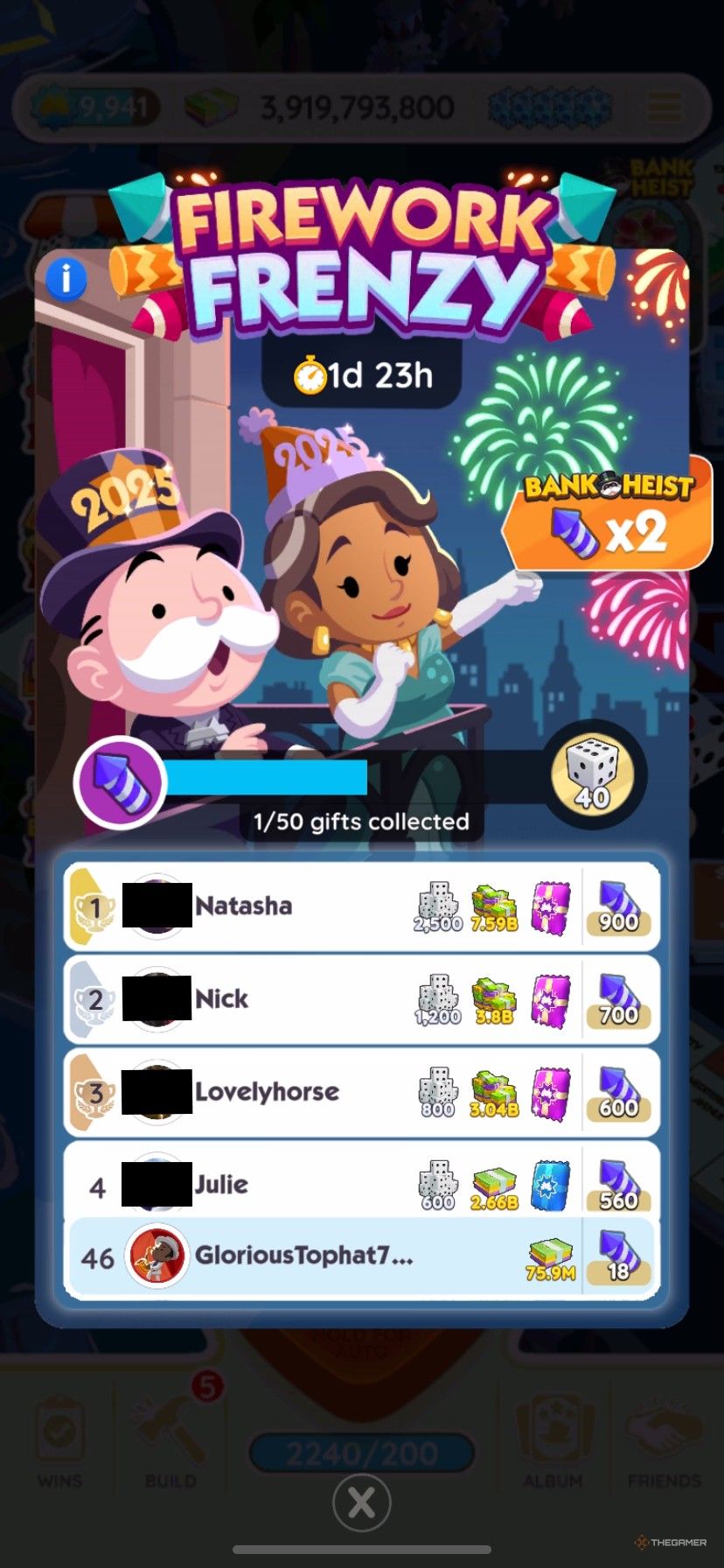 A leaderboard in Firework Frenzy with heists doubled in Monopoly Go.