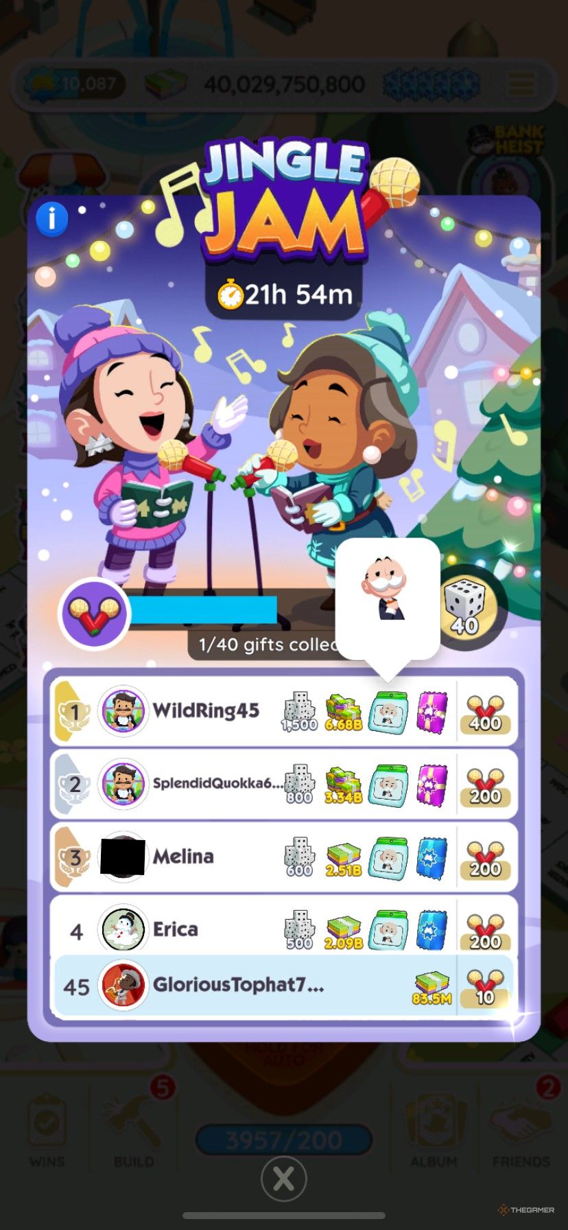 تابلوی امتیازات در Jingle Jam در Monopoly Go.