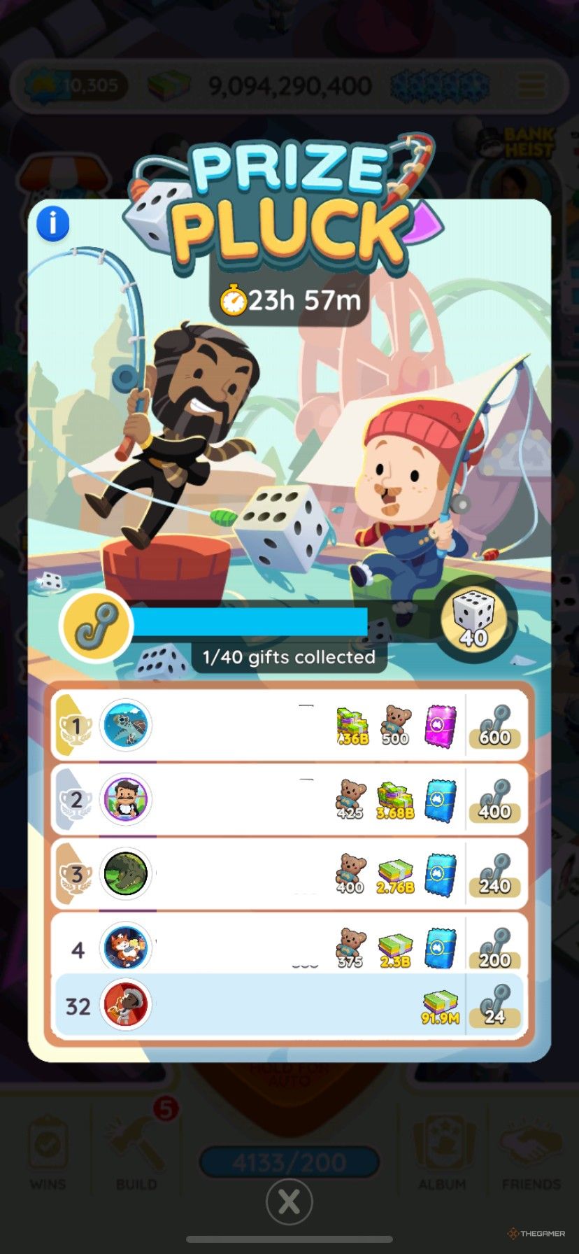 A leaderboard in Prize Pluck in Monopoly Go.
