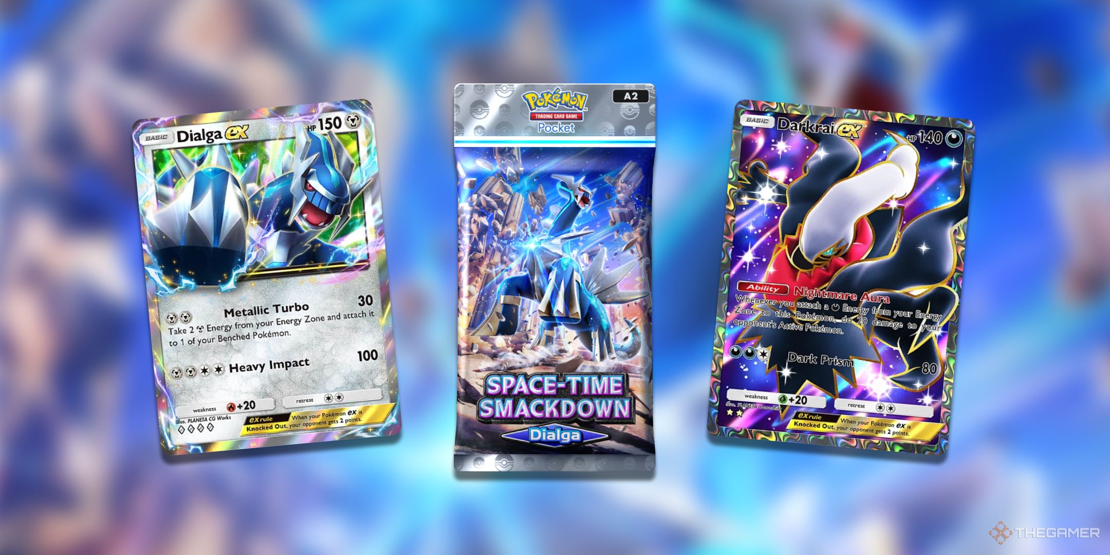 A Pack of Space Time Smackdown surrounded by cards found within the Dialga roster in Pokemon TCG Pocket.