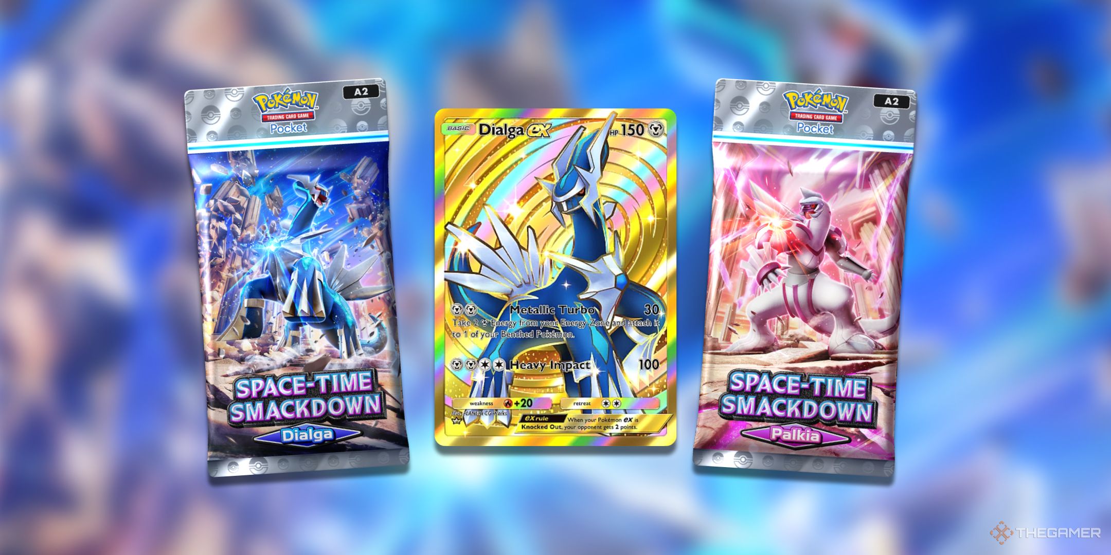 A pair of packs from Pokemon TCG Pocket Space Time Smackdown next to a crown gold Dialga ex.