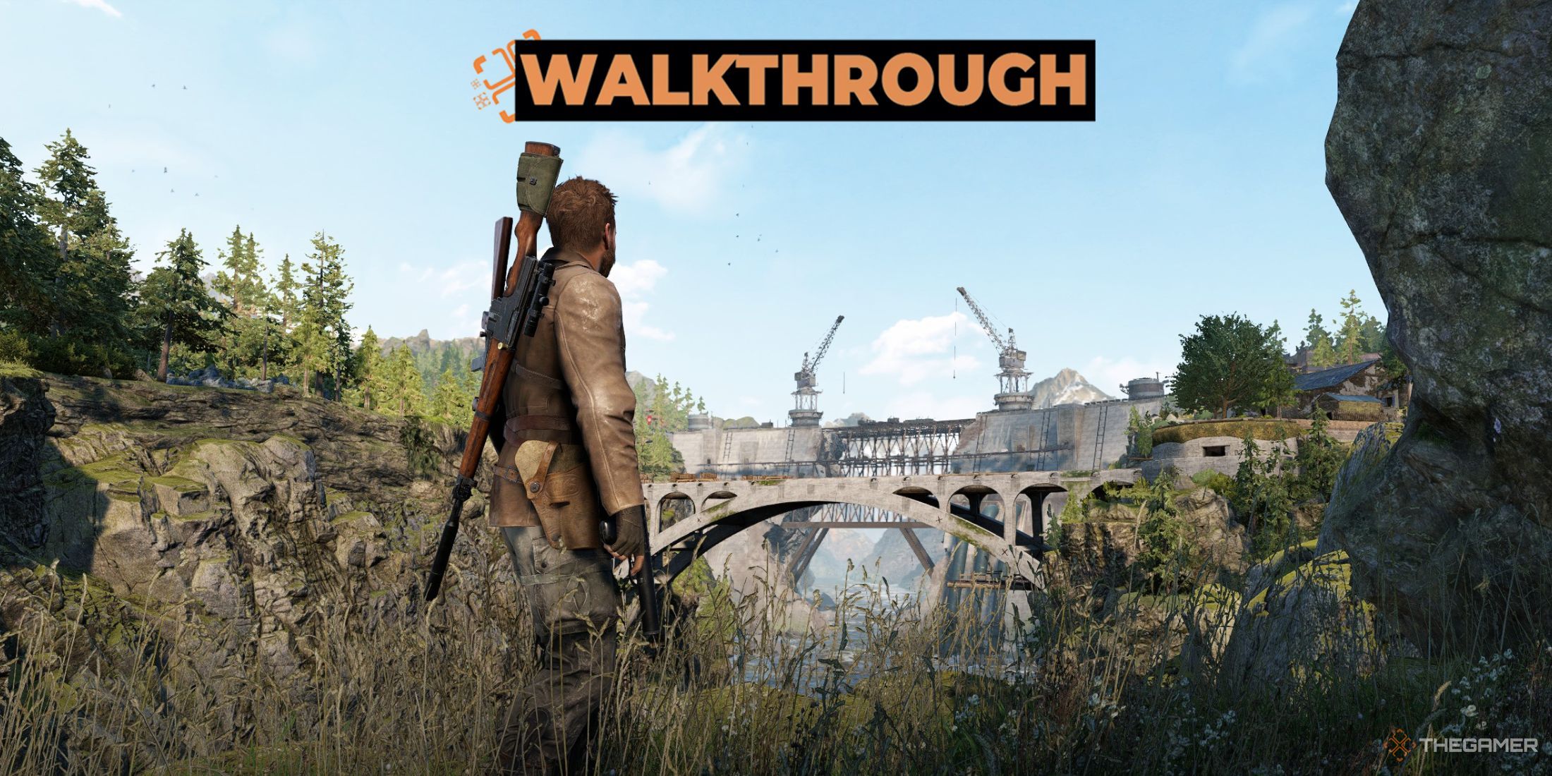 A photo of a character in Sniper Elite Resistance looking a bridge and a dam.