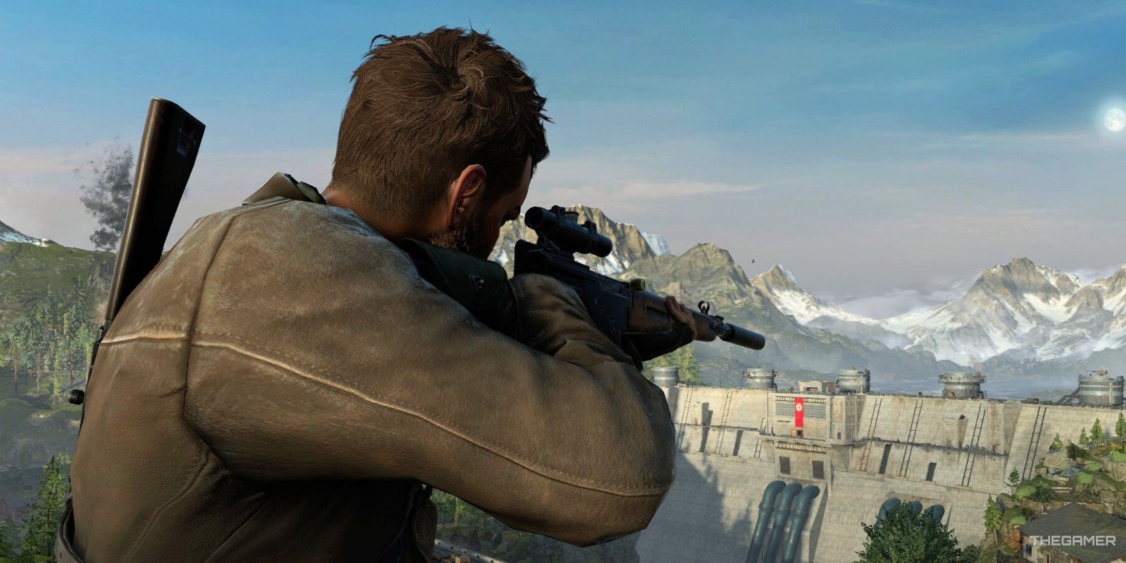 A photo of a character in Sniper Elite Resistance looking at a dam.