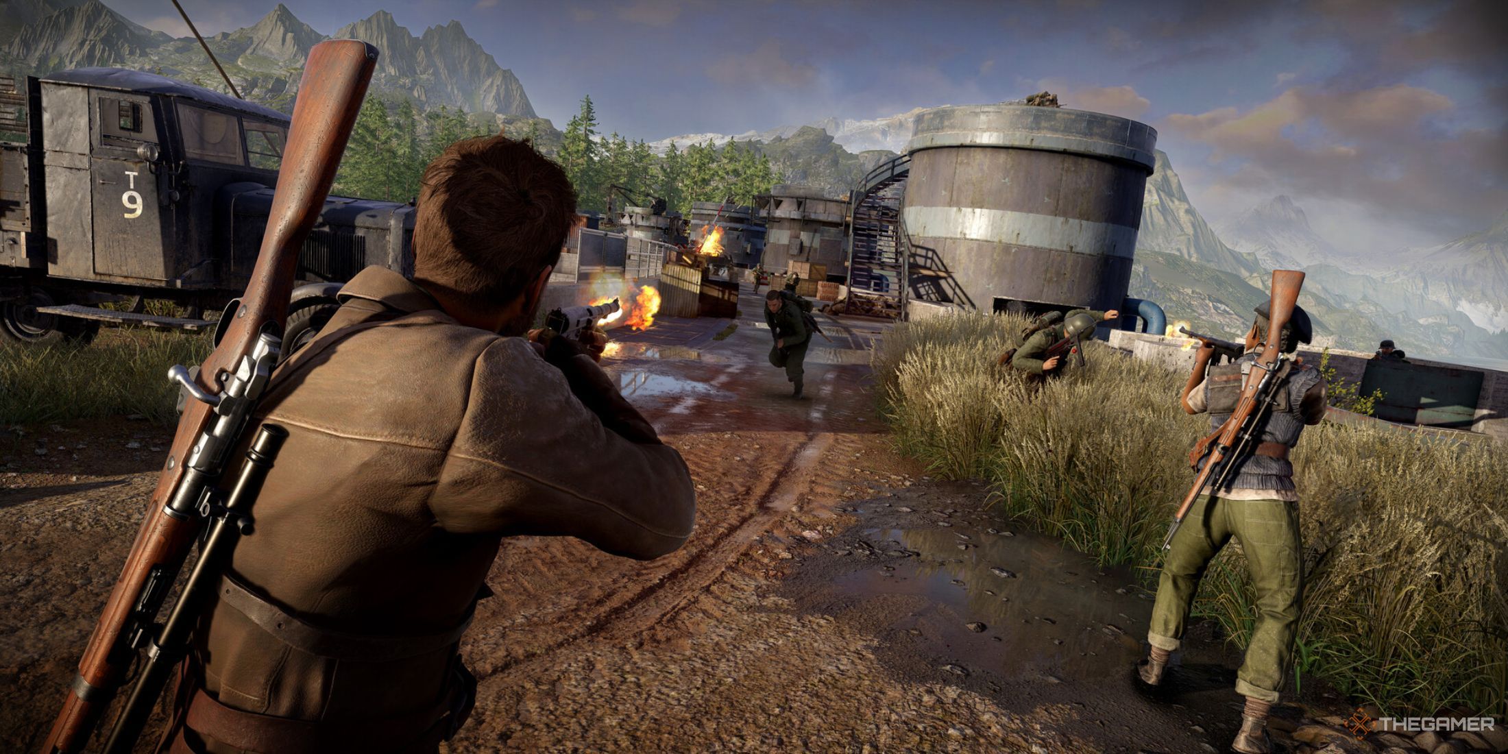 A photo of a character in Sniper Elite: Resistance shooting enemies.