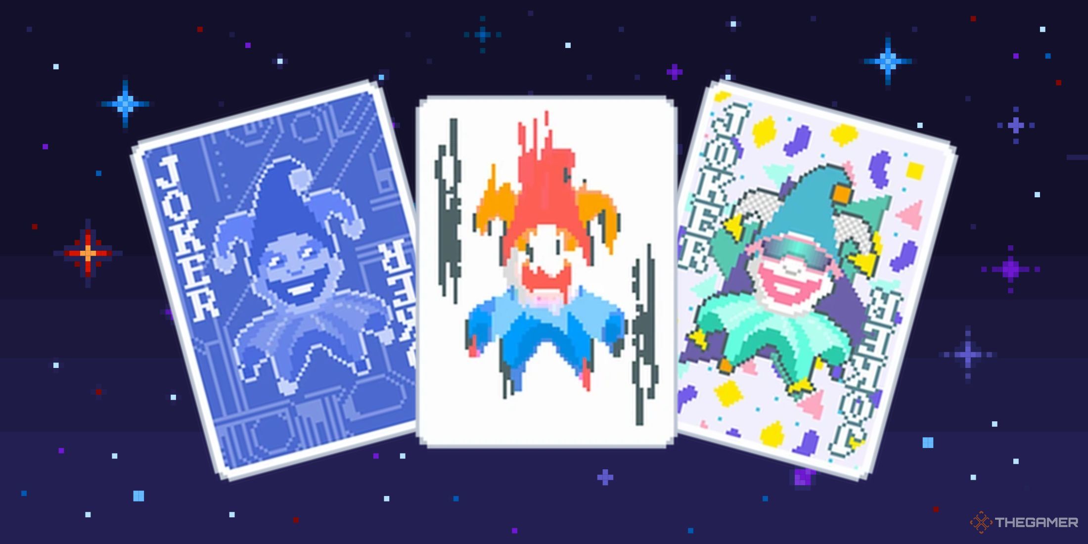 A photo of three Balatro joker cards set against a pixel-star background.