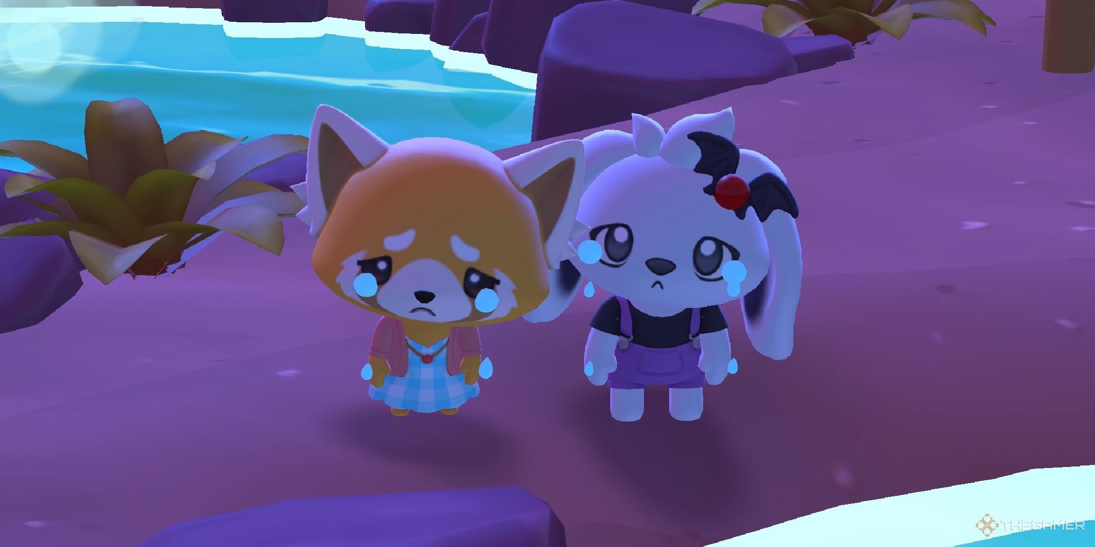 A player and Retsuko crying together in Hello Kitty Island Adventure.