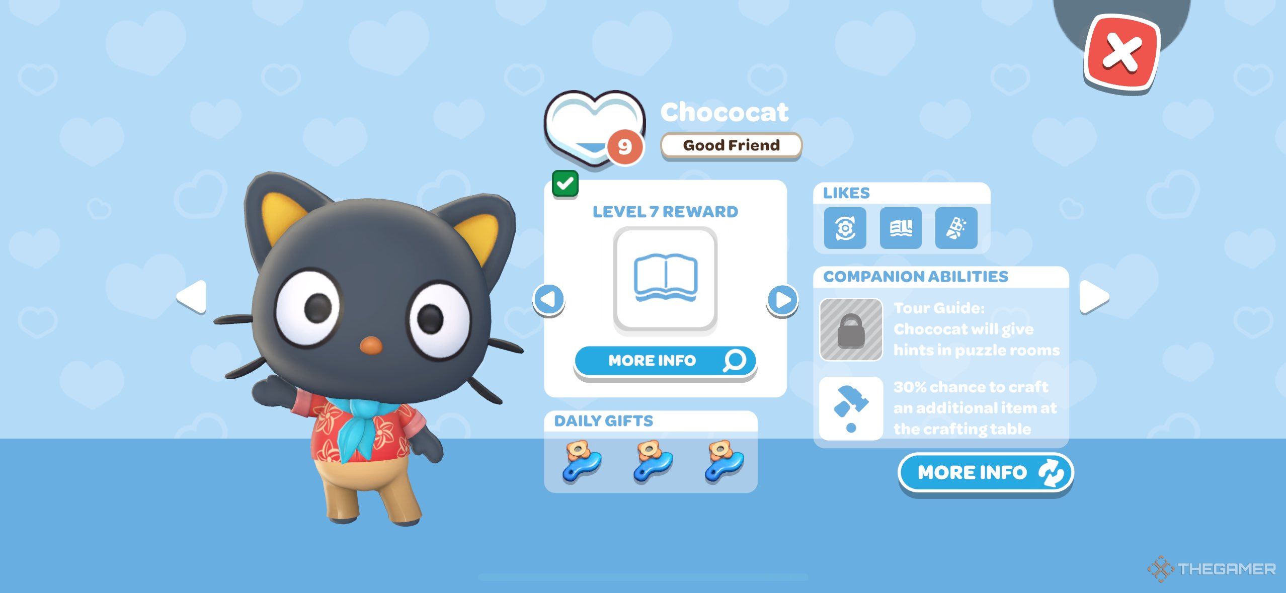 A player looking at Chococat's profile in Hello Kitty Island Adventure.